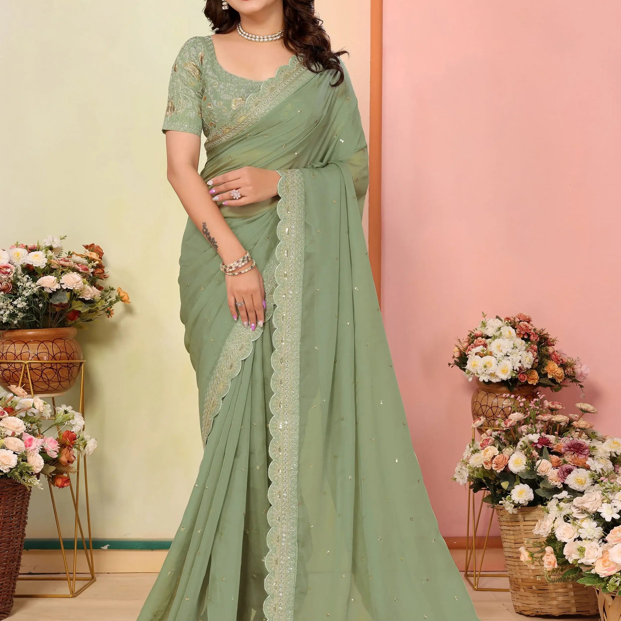Alluring Pista Green Embroidered Organza Festive Wear Saree With Blouse - Zeel Clothing