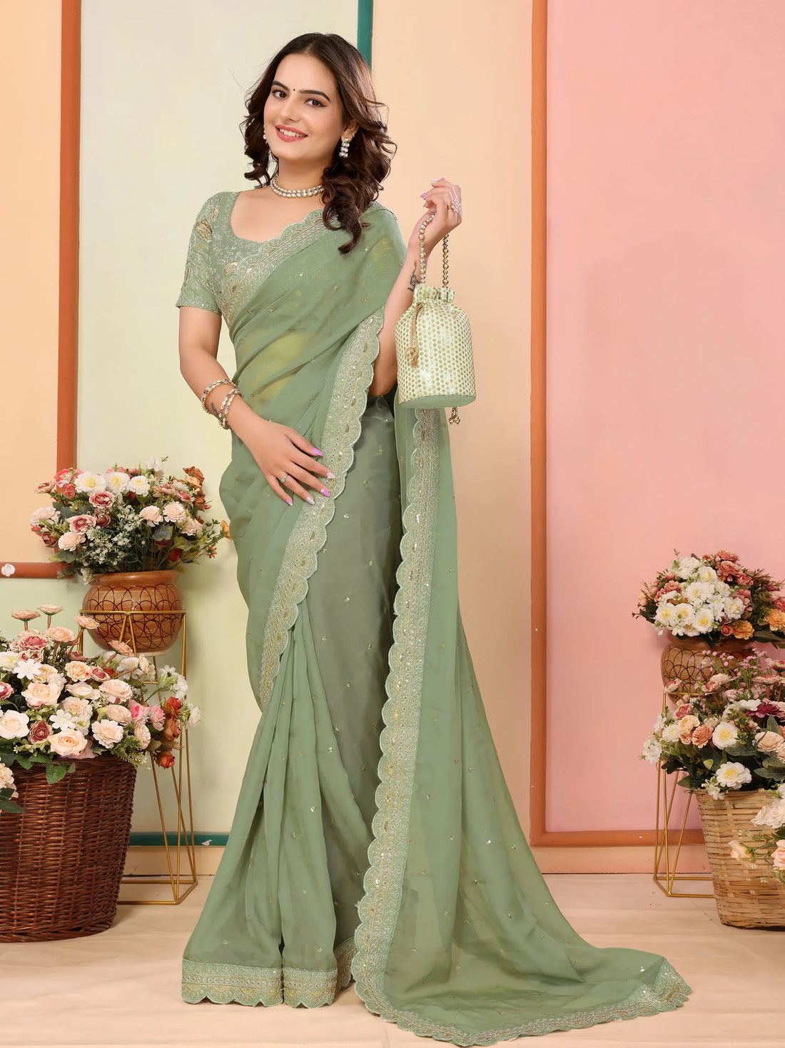 Alluring Pista Green Embroidered Organza Festive Wear Saree With Blouse - Zeel Clothing