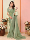 Alluring Pista Green Embroidered Organza Festive Wear Saree With Blouse - Zeel Clothing