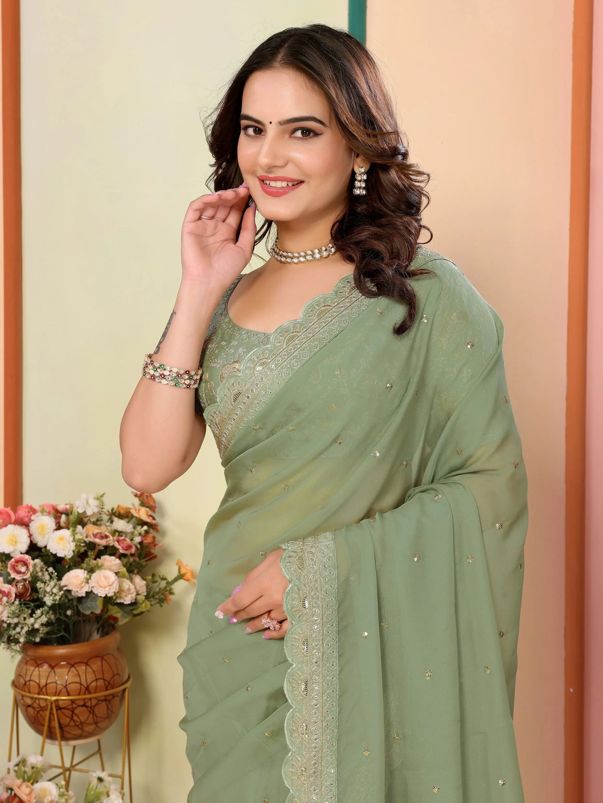 Alluring Pista Green Embroidered Organza Festive Wear Saree With Blouse - Zeel Clothing