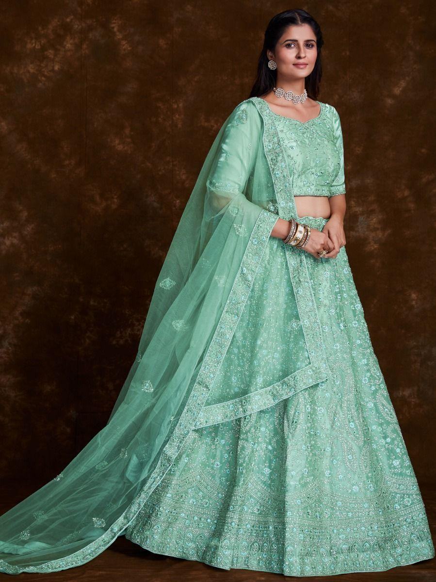 Alluring Pista Green Embroidered Organza Reception Wear Lehenga Choli
