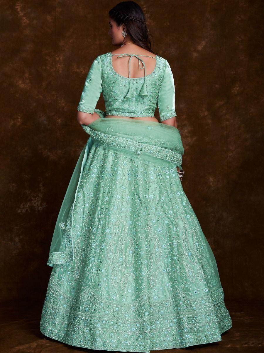 Alluring Pista Green Embroidered Organza Reception Wear Lehenga Choli - Zeel Clothing