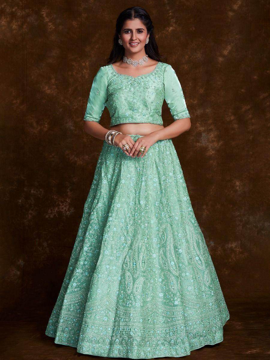 Alluring Pista Green Embroidered Organza Reception Wear Lehenga Choli - Zeel Clothing