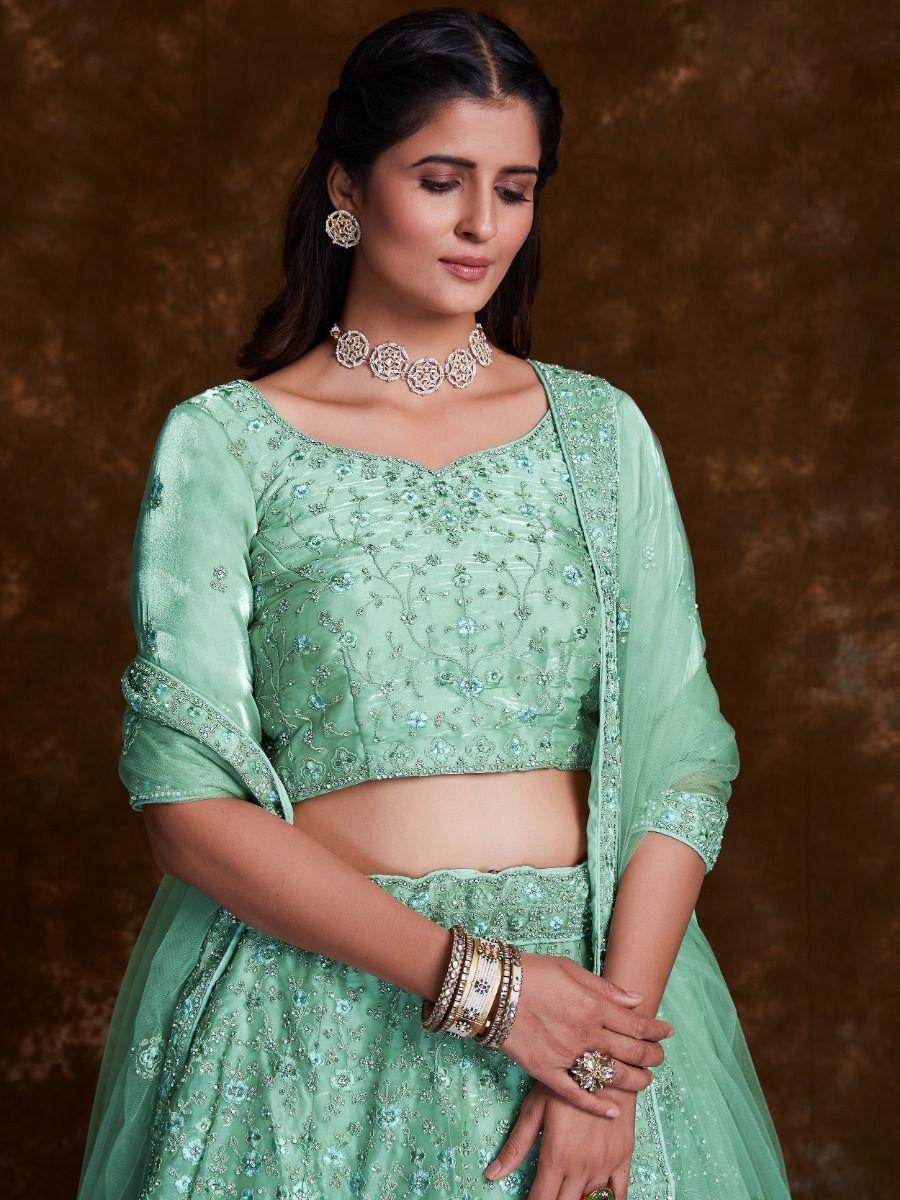 Alluring Pista Green Embroidered Organza Reception Wear Lehenga Choli - Zeel Clothing