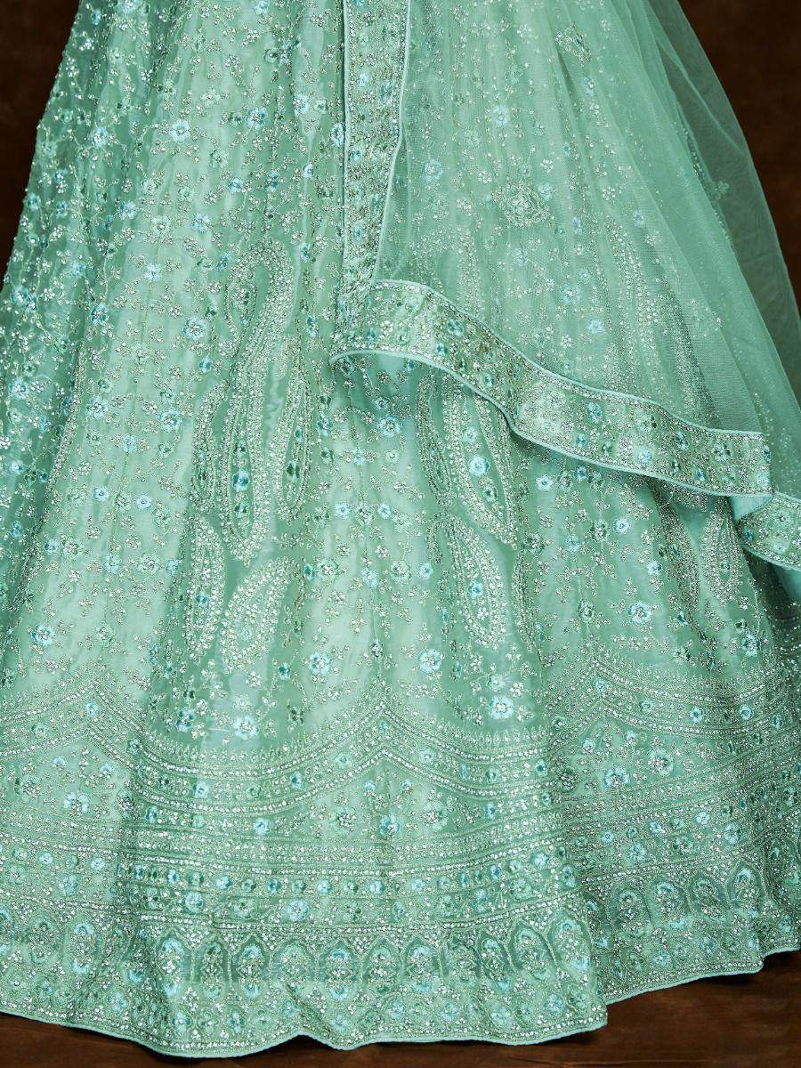 Alluring Pista Green Embroidered Organza Reception Wear Lehenga Choli - Zeel Clothing