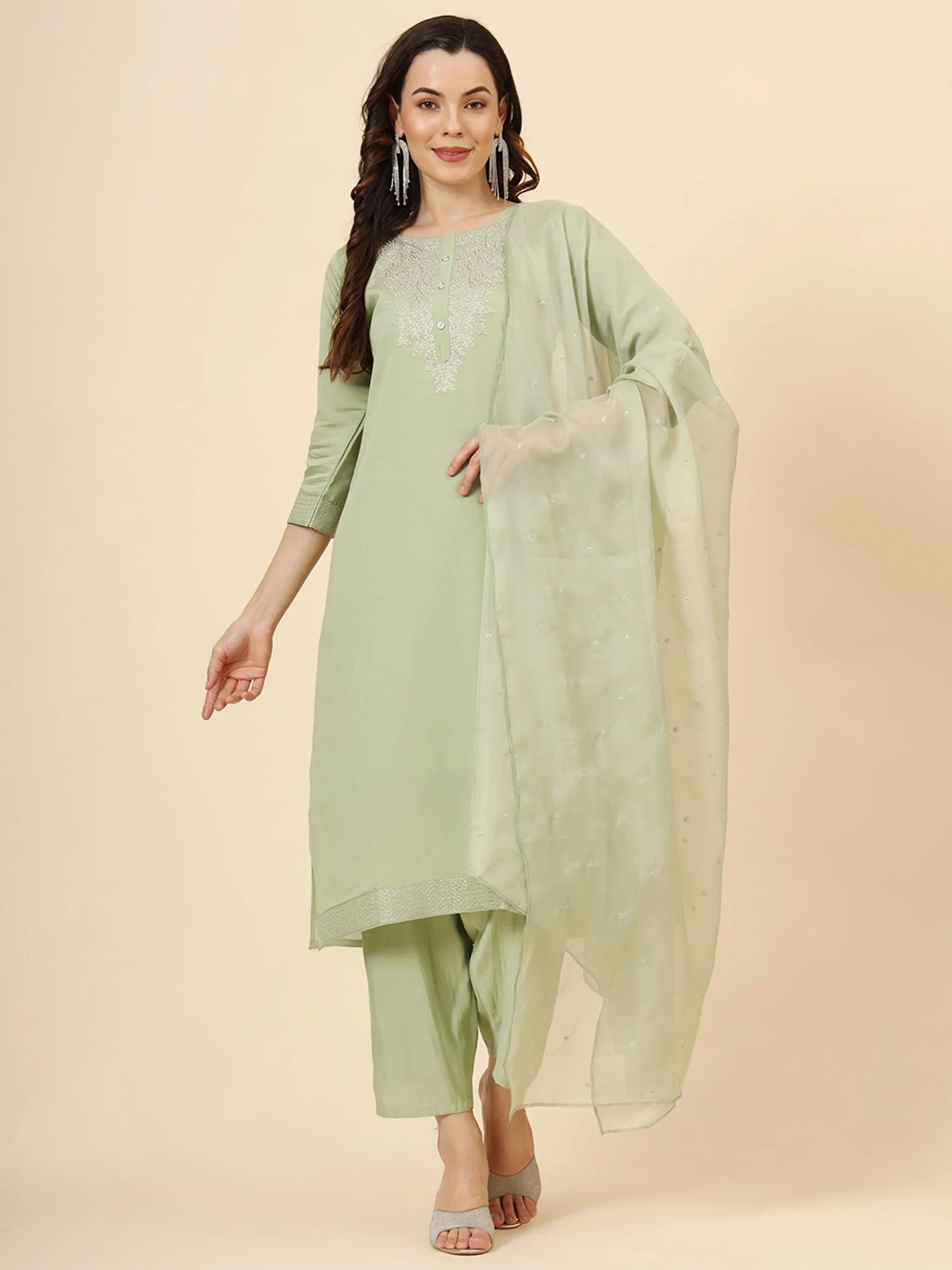 Alluring Pista Green Embroidered Silk Event Wear Pant Suit - Zeel Clothing