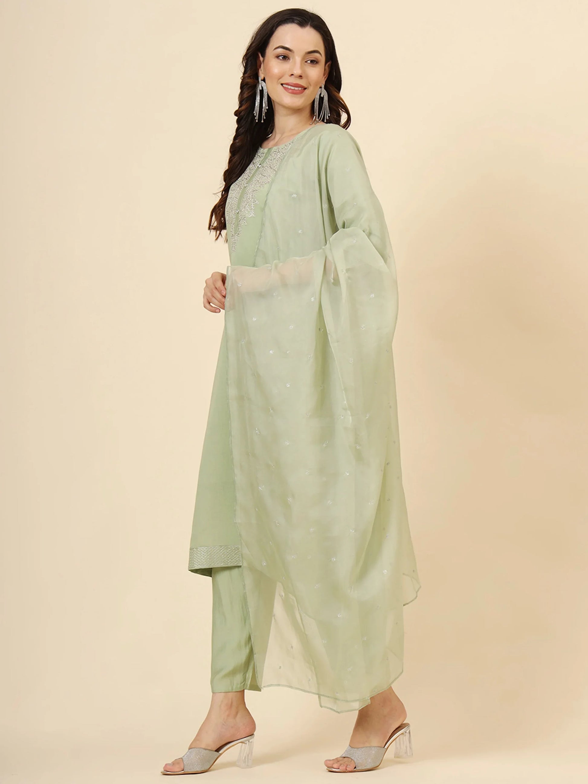 Alluring Pista Green Embroidered Silk Event Wear Pant Suit - Zeel Clothing