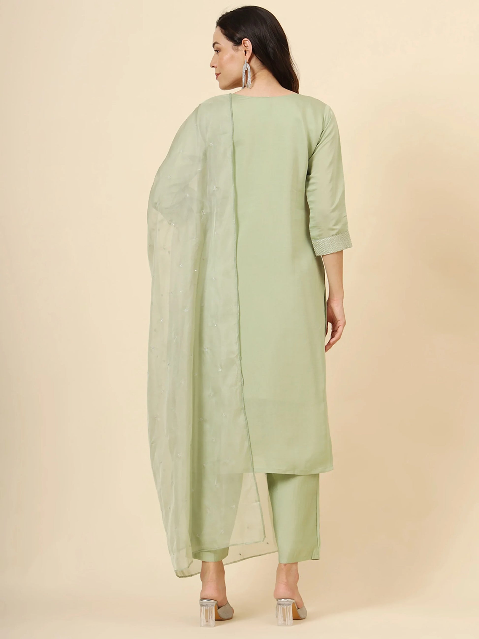 Alluring Pista Green Embroidered Silk Event Wear Pant Suit - Zeel Clothing