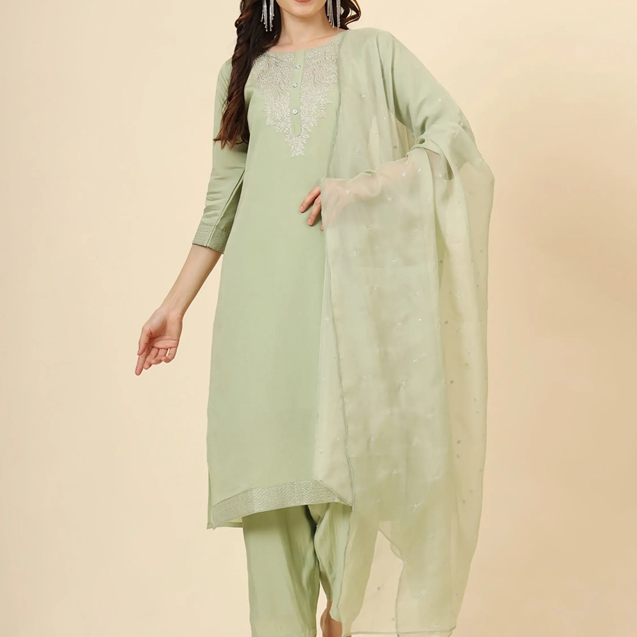 Alluring Pista Green Embroidered Silk Event Wear Pant Suit - Zeel Clothing