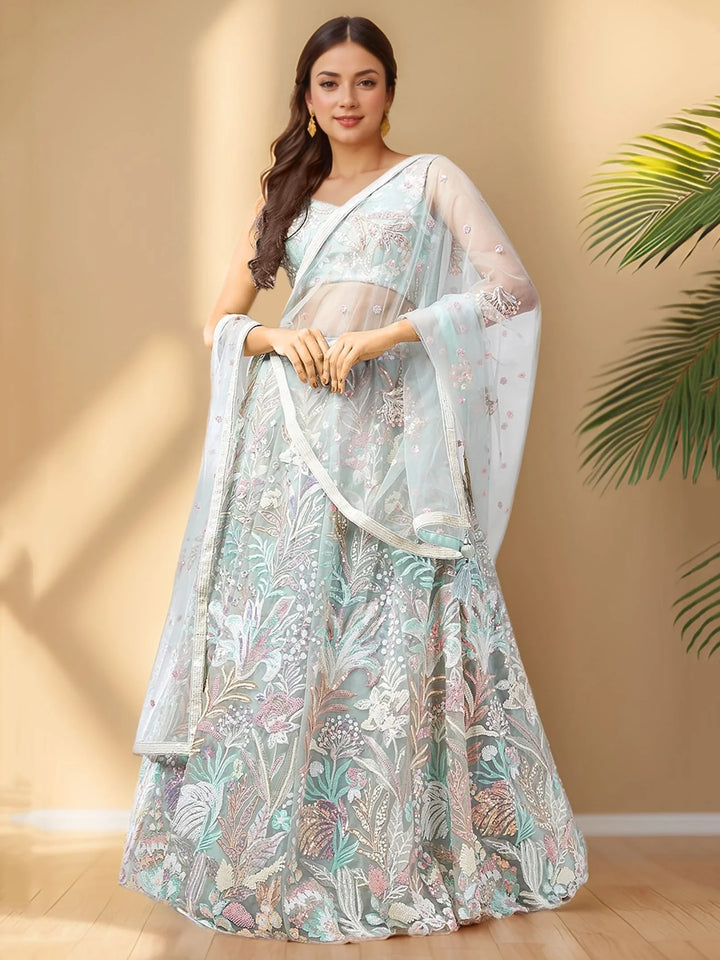 Alluring Pista Green Sequins Net Wedding Wear Lehenga Choli With Dupatta - Zeel Clothing
