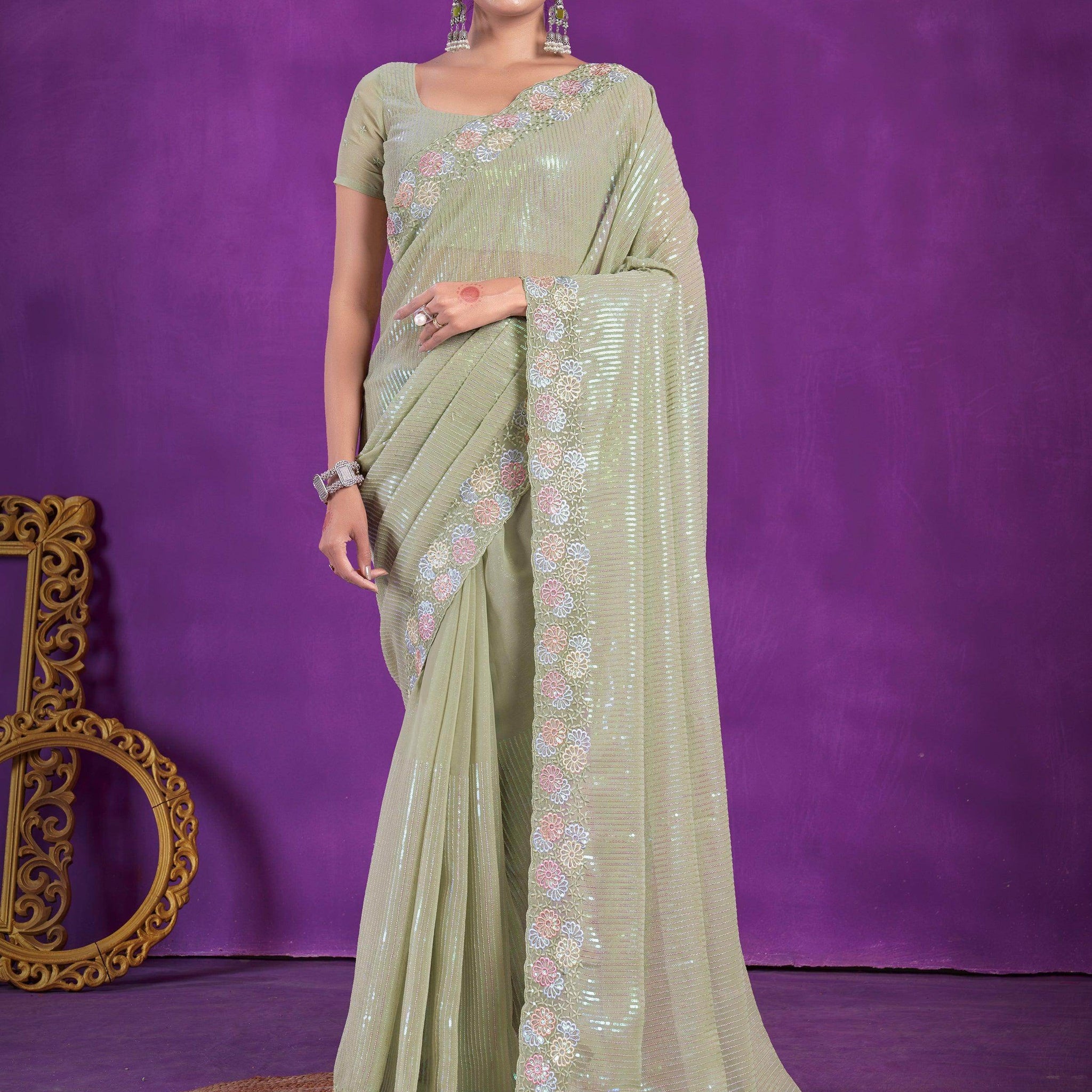 Alluring Pista Green Sequins Organza Party Wear Saree With Blouse - Zeel Clothing