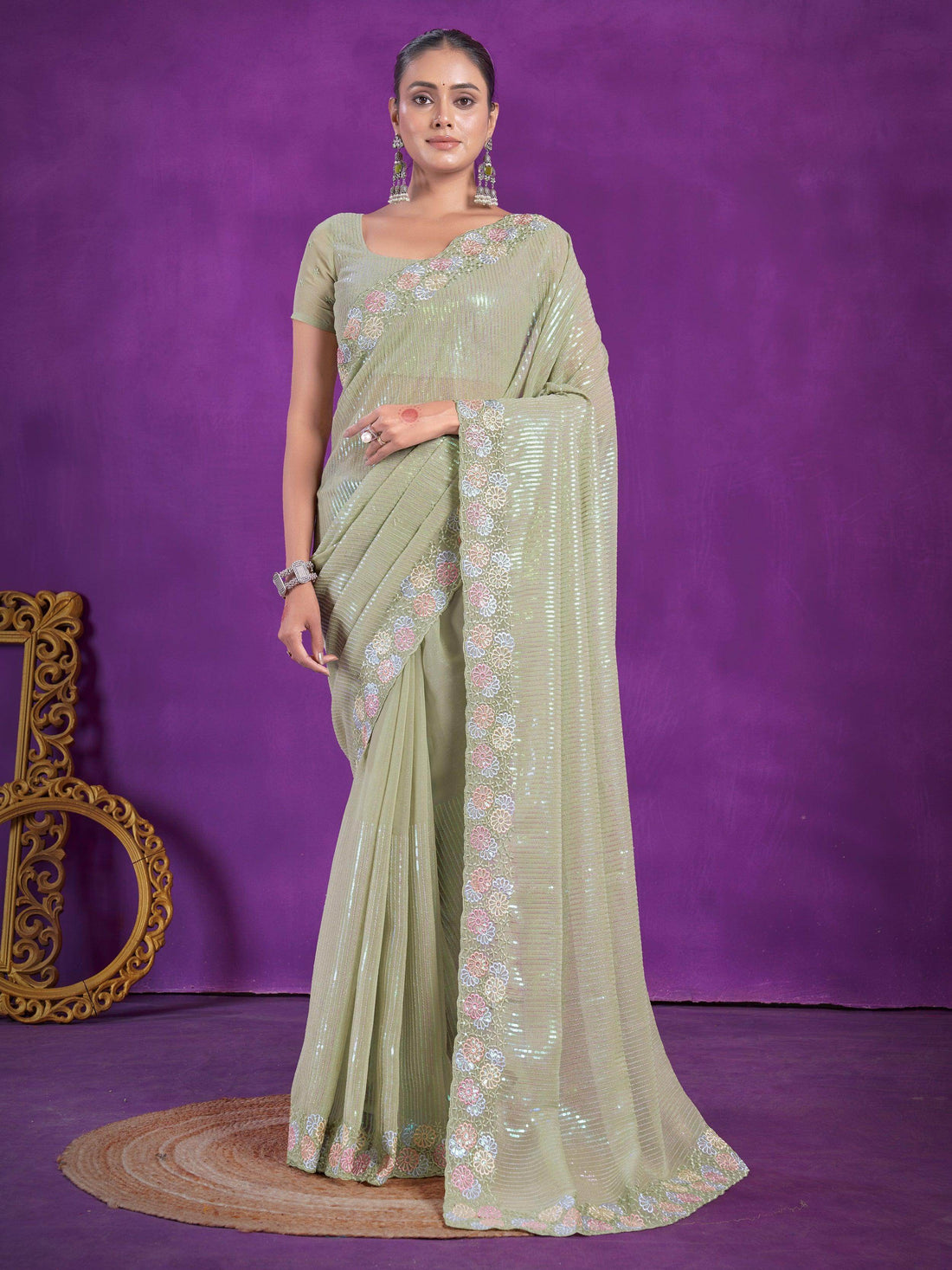 Alluring Pista Green Sequins Organza Party Wear Saree With Blouse - Zeel Clothing