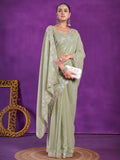 Alluring Pista Green Sequins Organza Party Wear Saree With Blouse