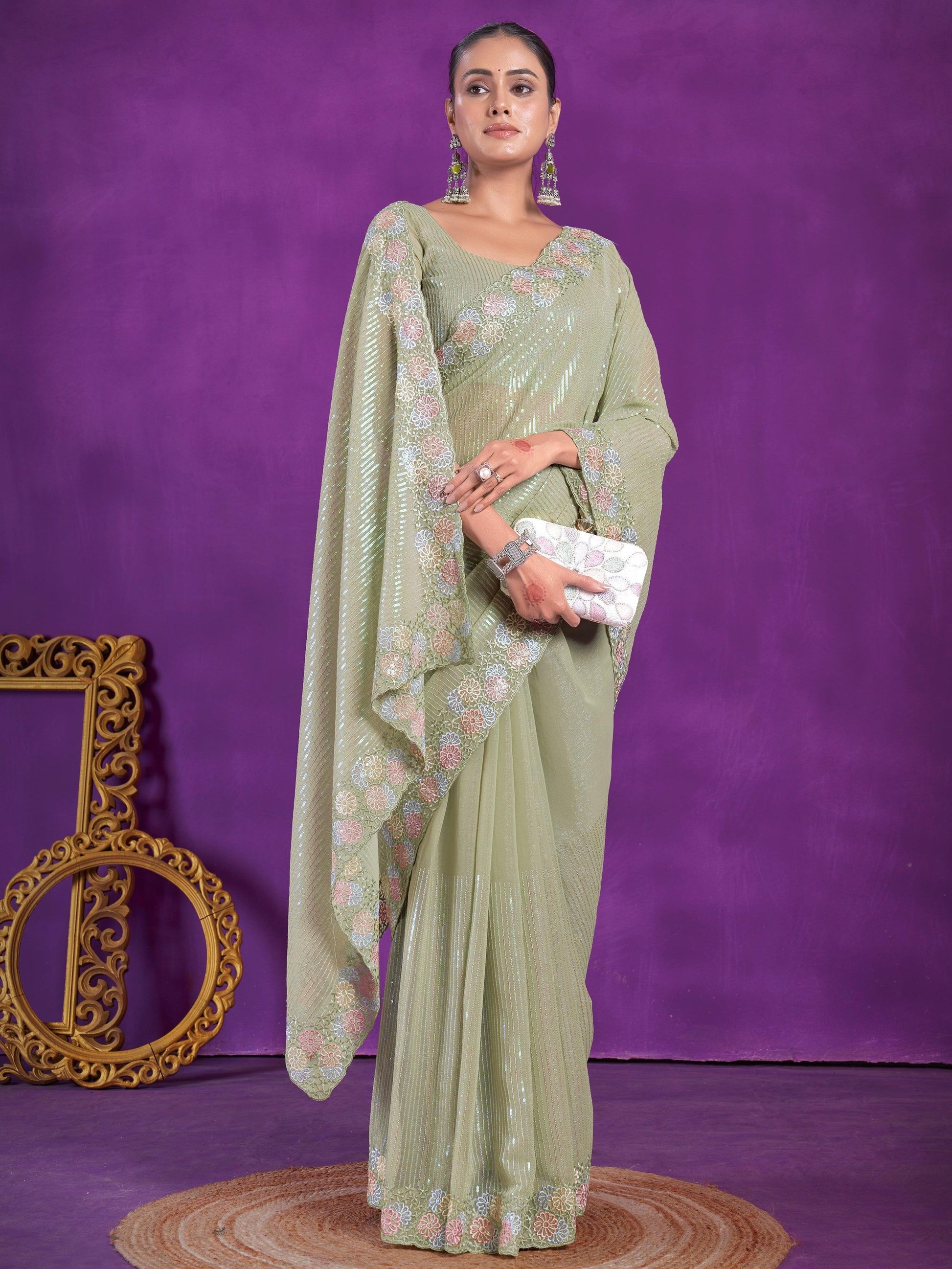 Alluring Pista Green Sequins Organza Party Wear Saree With Blouse