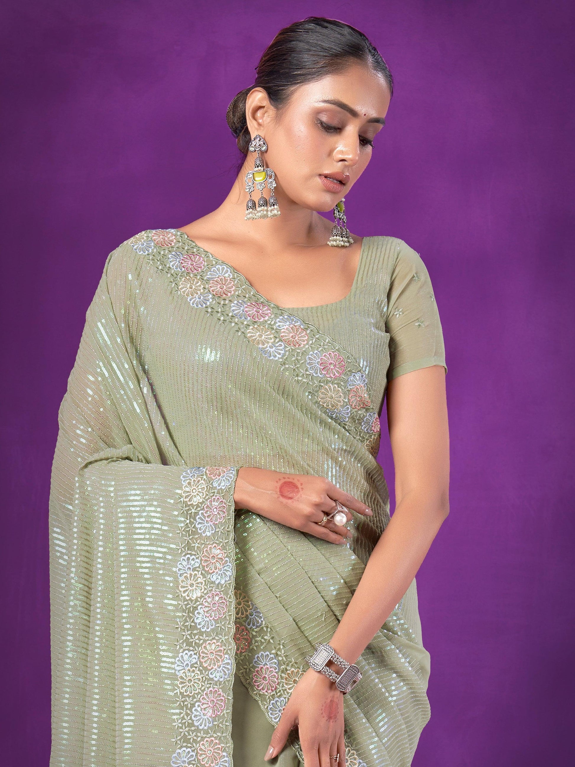 Alluring Pista Green Sequins Organza Party Wear Saree With Blouse