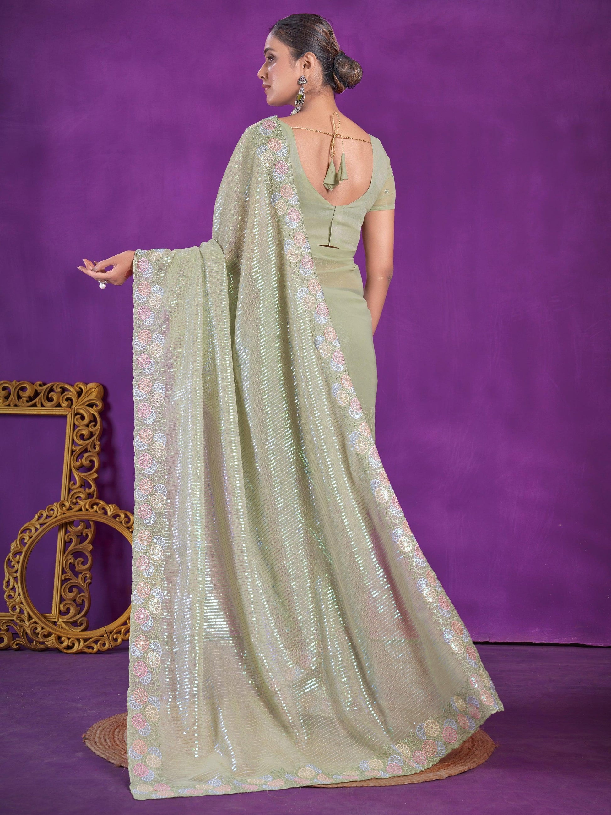Alluring Pista Green Sequins Organza Party Wear Saree With Blouse
