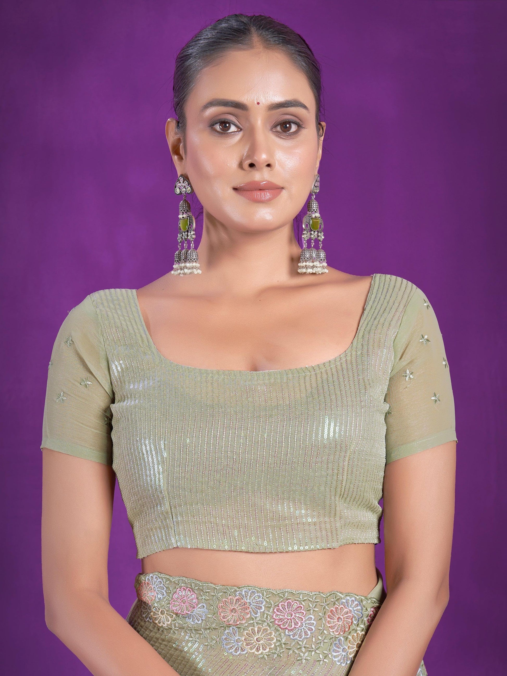 Alluring Pista Green Sequins Organza Party Wear Saree With Blouse