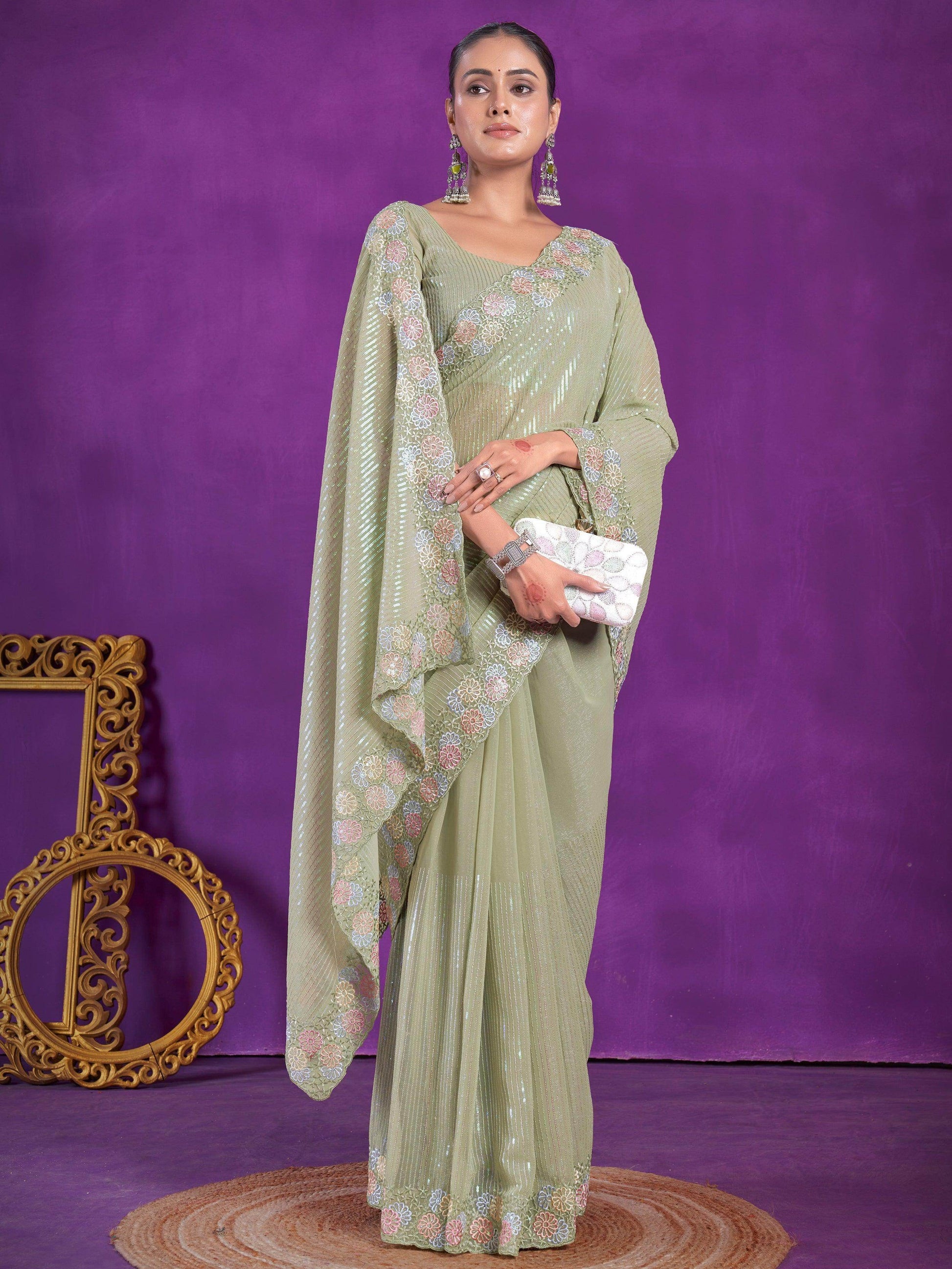 Alluring Pista Green Sequins Organza Party Wear Saree With Blouse - Zeel Clothing