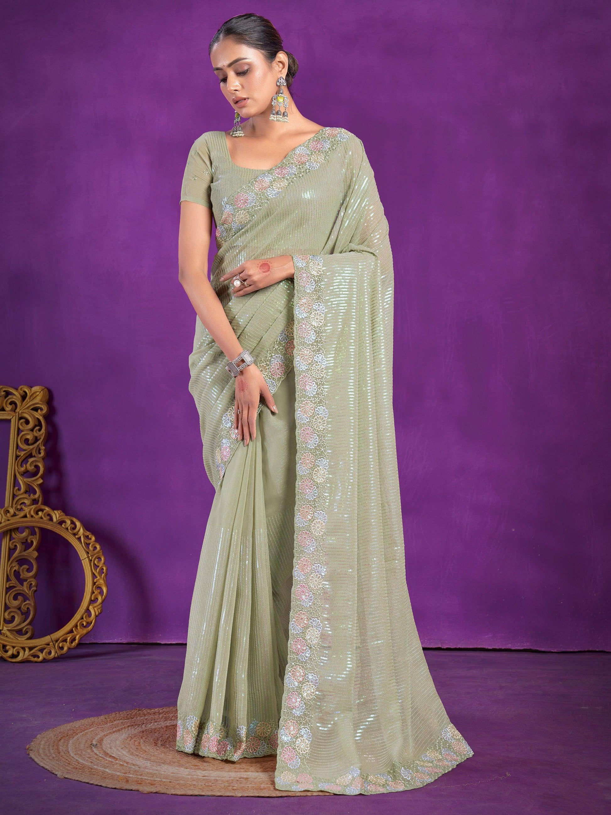 Alluring Pista Green Sequins Organza Party Wear Saree With Blouse - Zeel Clothing