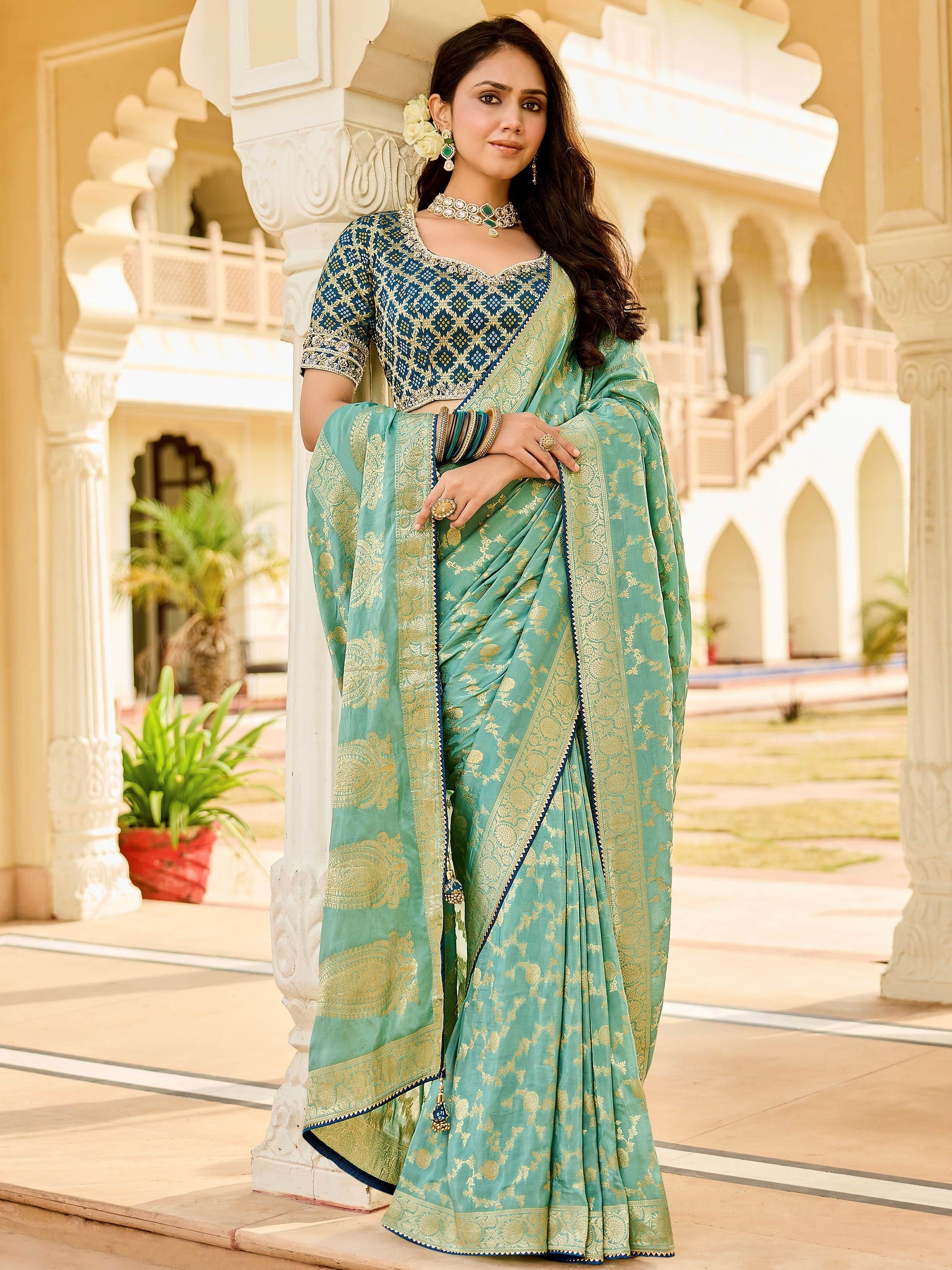 Alluring Pista Green Zari Weaving Silk Traditional Saree With Blouse