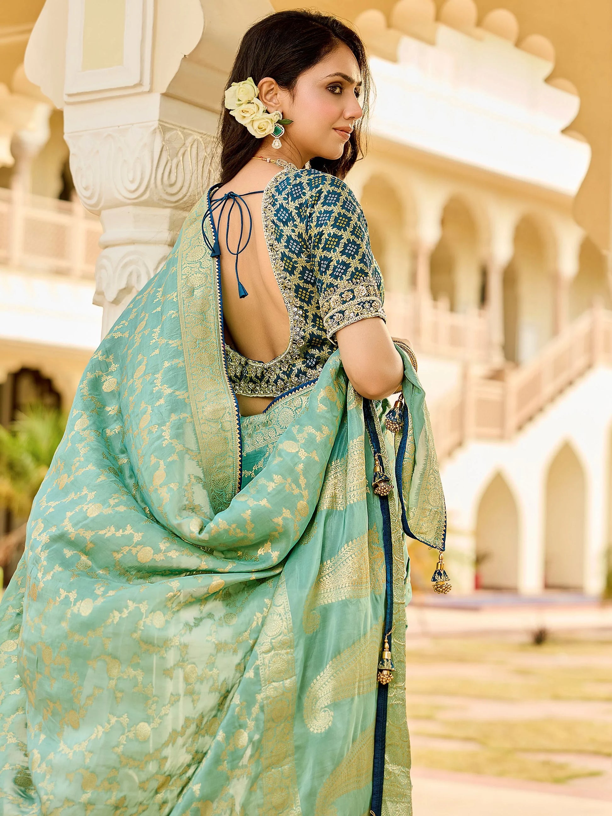 Alluring Pista Green Zari Weaving Silk Traditional Saree With Blouse