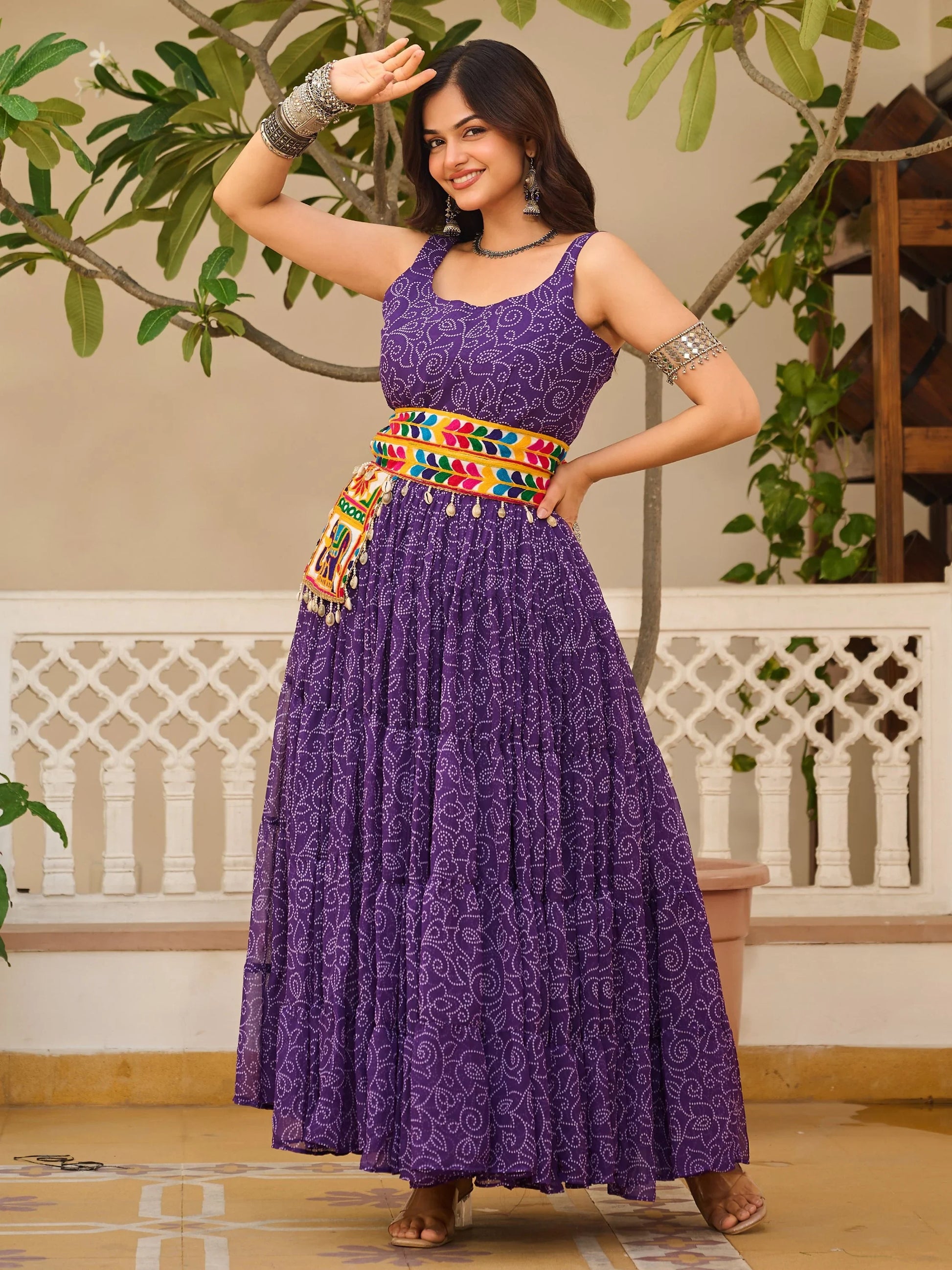 Alluring Purple Bandhani Printed Georgette Navratri Special Gown - Zeel Clothing