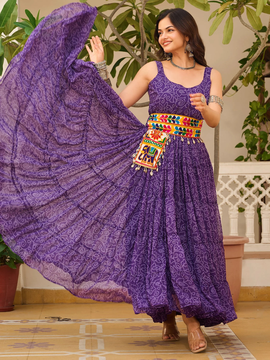 Alluring Purple Bandhani Printed Georgette Navratri Special Gown - Zeel Clothing