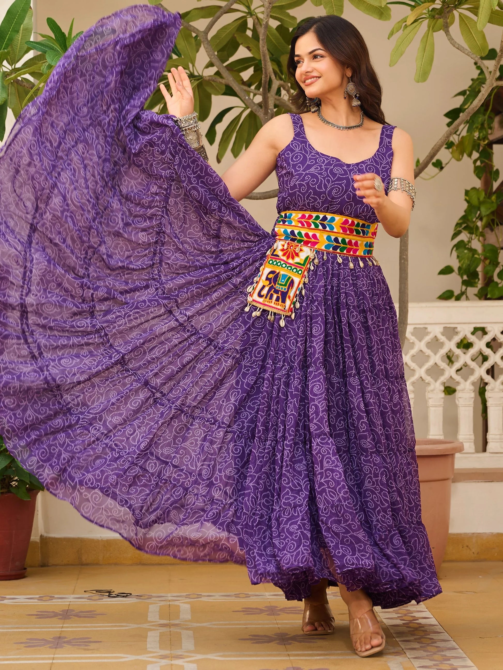 Alluring Purple Bandhani Printed Georgette Navratri Special Gown - Zeel Clothing