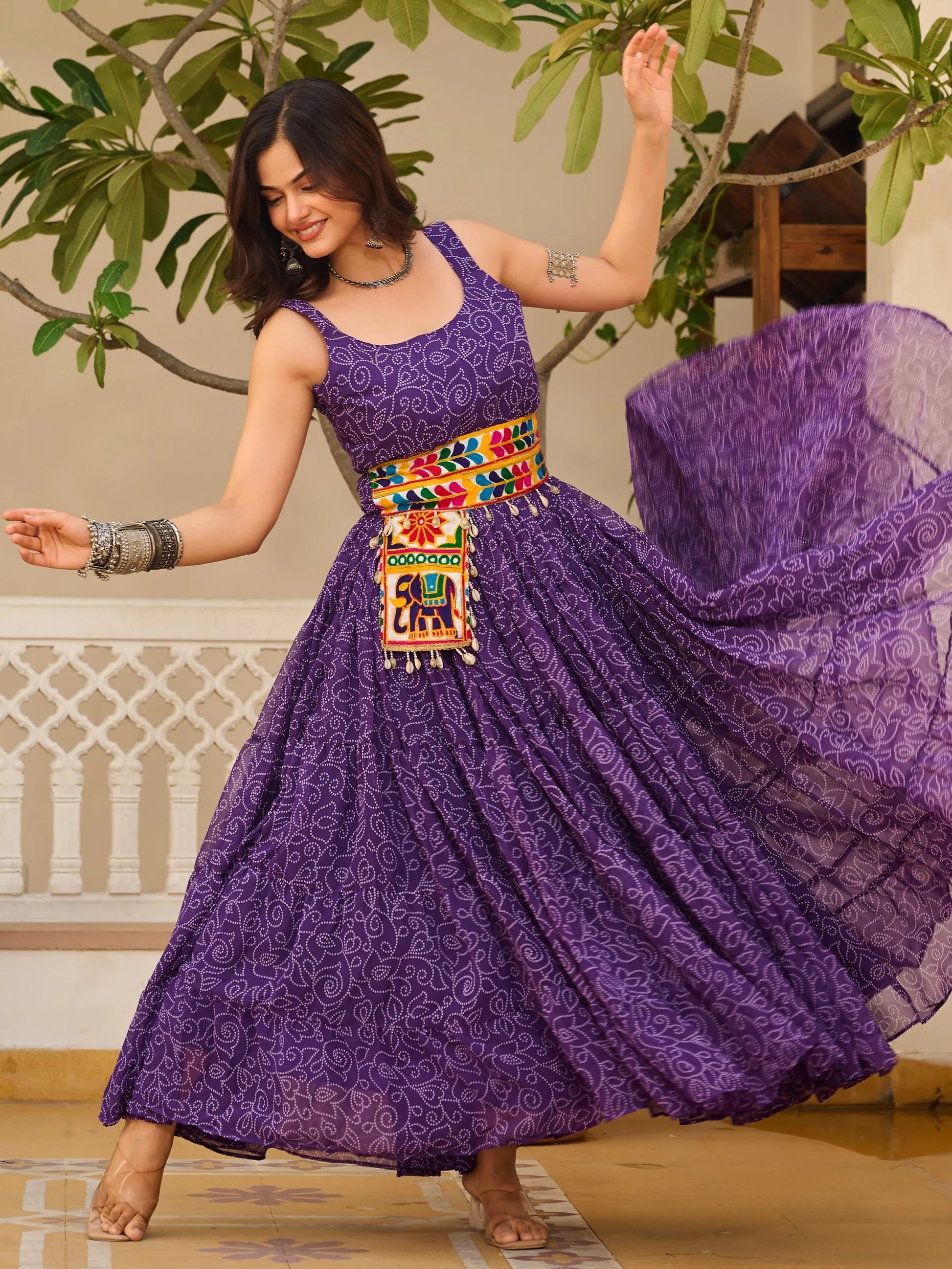 Alluring Purple Bandhani Printed Georgette Navratri Special Gown - Zeel Clothing