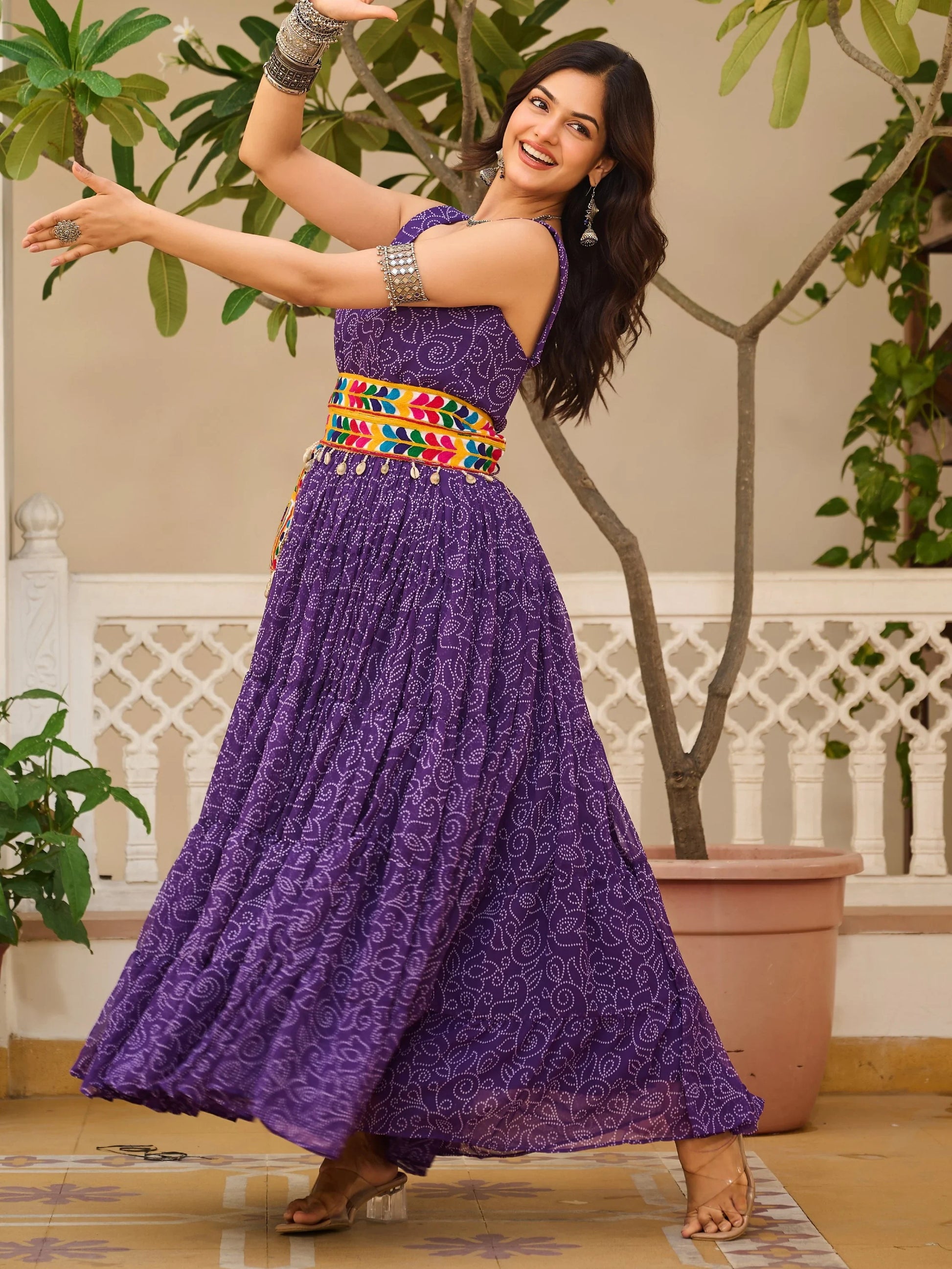 Alluring Purple Bandhani Printed Georgette Navratri Special Gown - Zeel Clothing