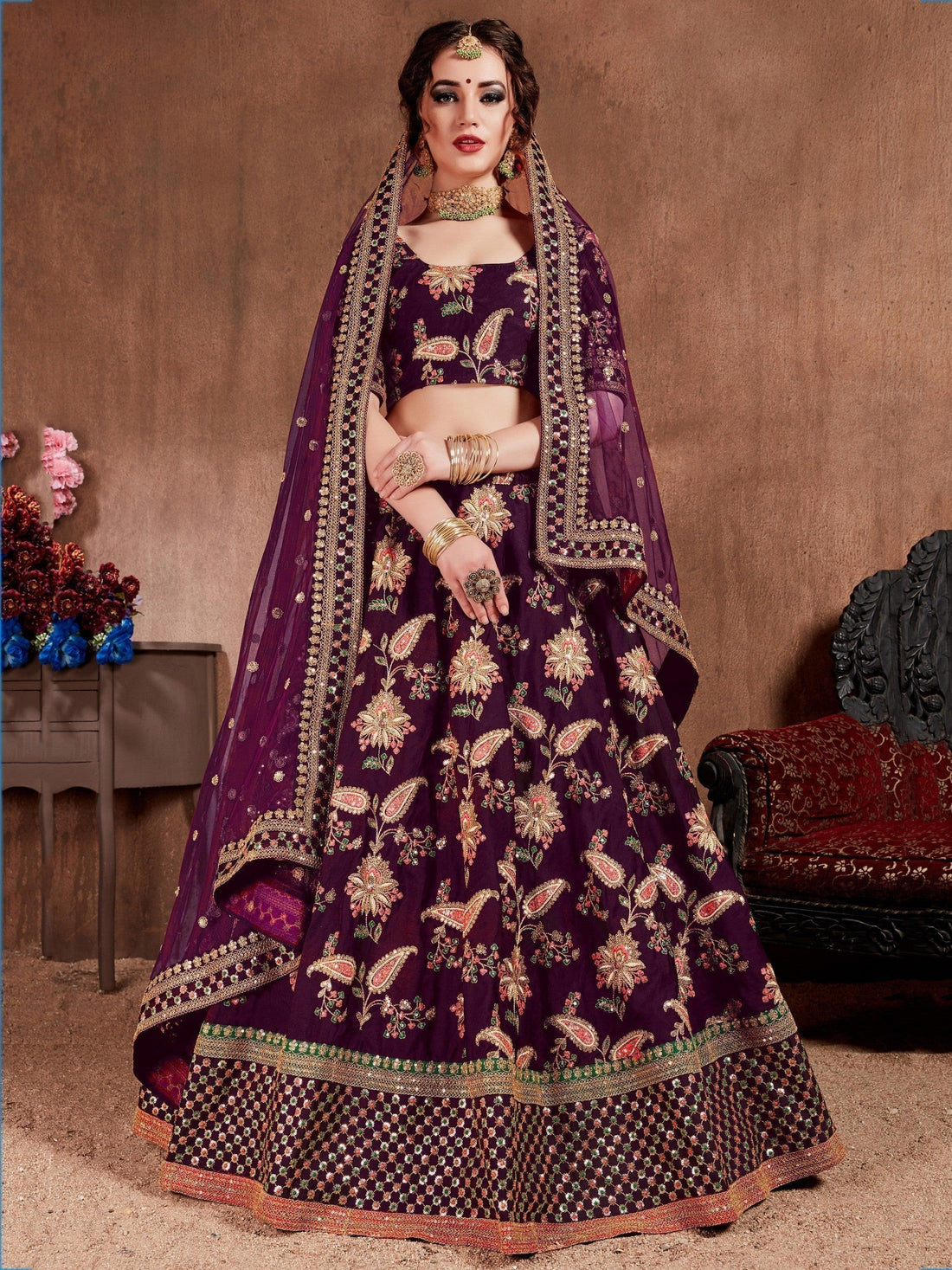 Alluring Purple Colored Bridal Wear Designer Embroidered Lehenga choli