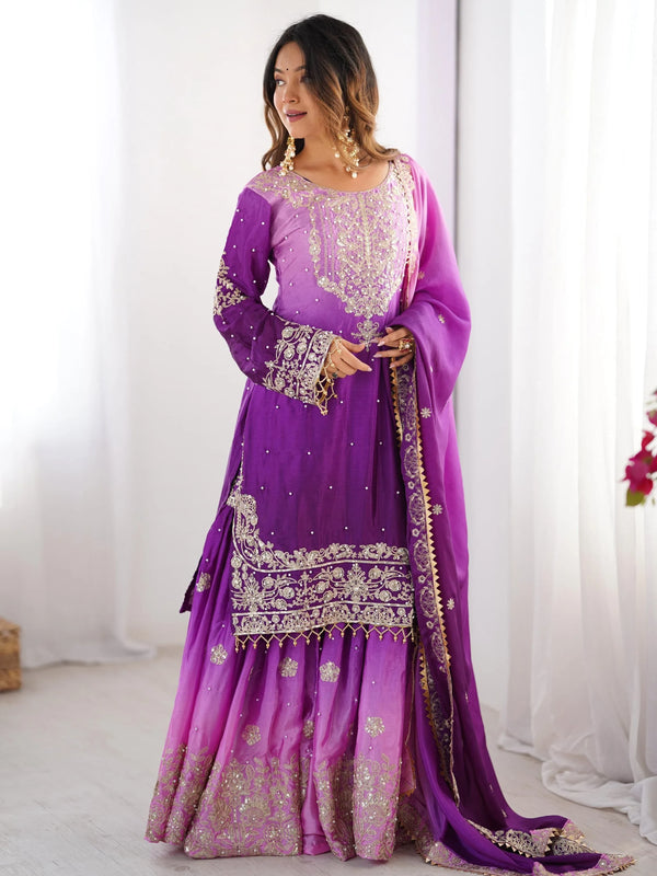 Alluring Purple Dori Embroidery Wedding Wear Chinon Sharara Suit - Zeel Clothing
