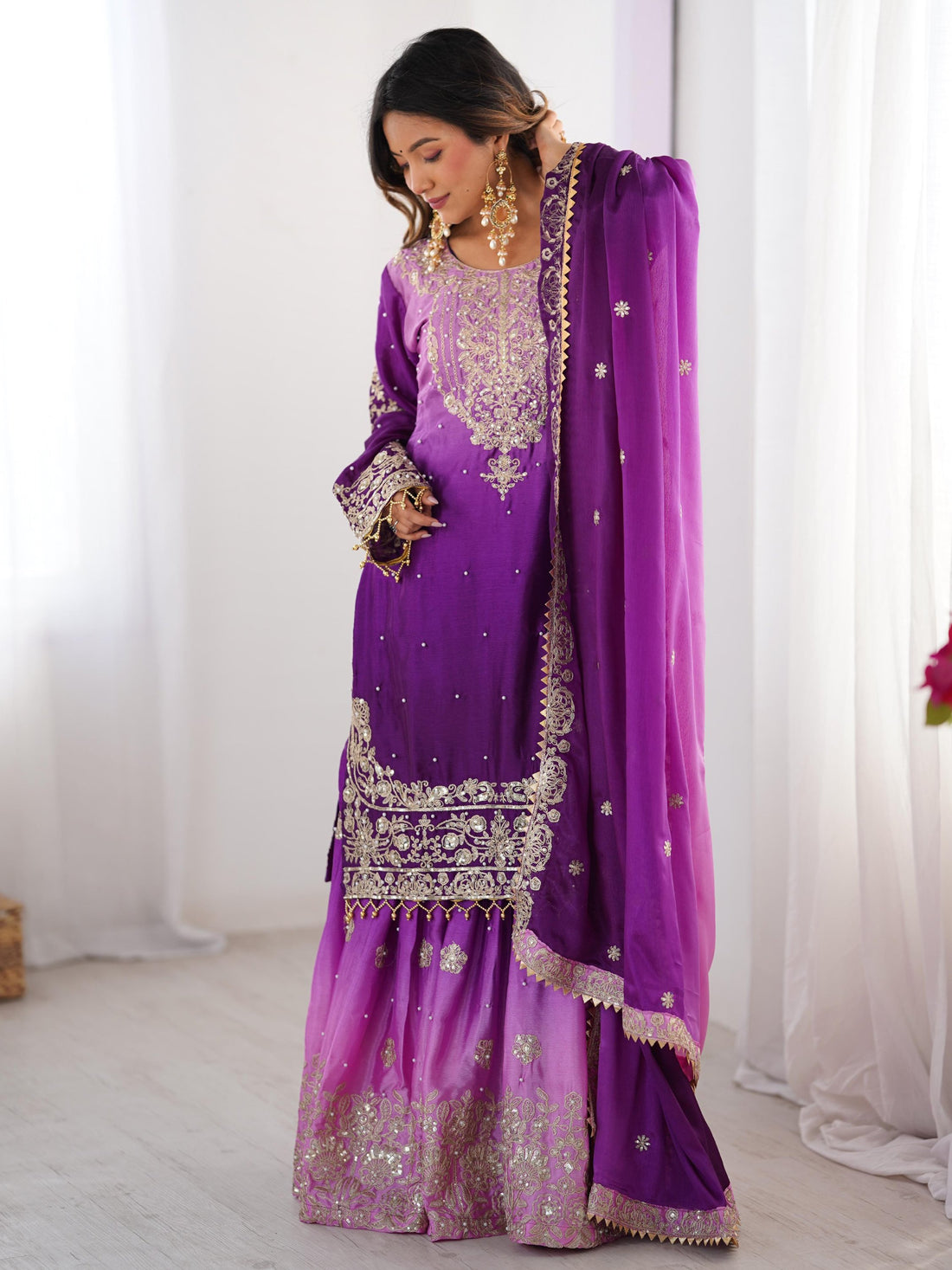 Alluring Purple Dori Embroidery Wedding Wear Chinon Sharara Suit - Zeel Clothing