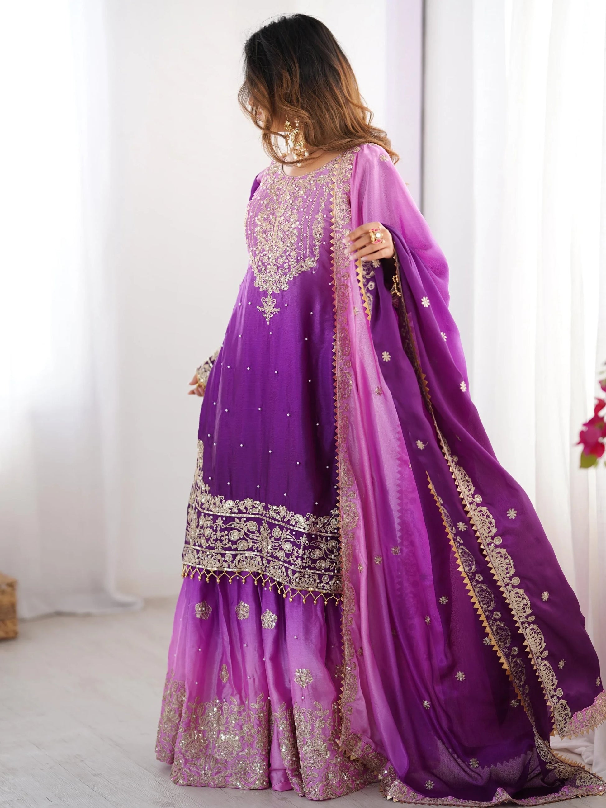 Alluring Purple Dori Embroidery Wedding Wear Chinon Sharara Suit - Zeel Clothing