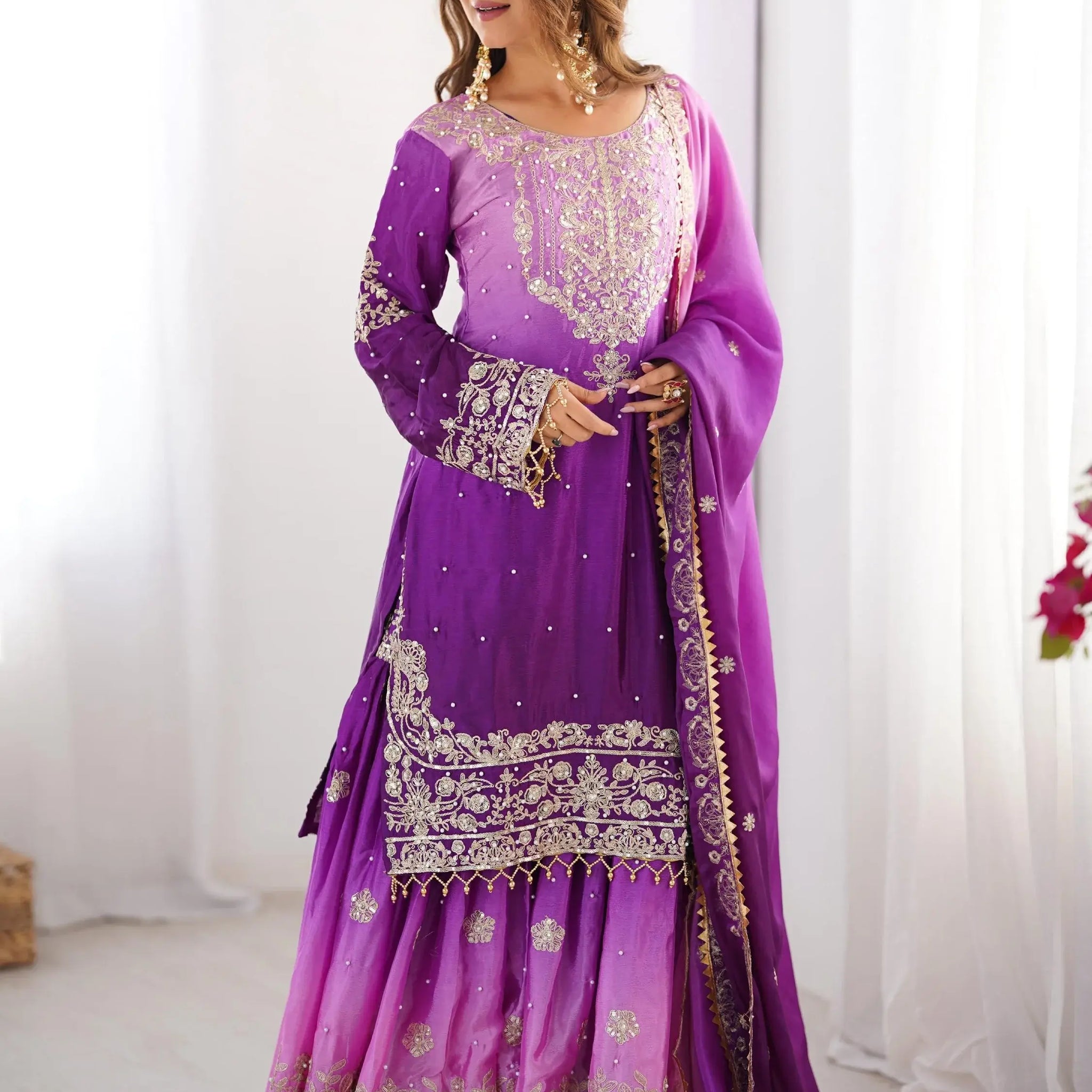 Alluring Purple Dori Embroidery Wedding Wear Chinon Sharara Suit - Zeel Clothing