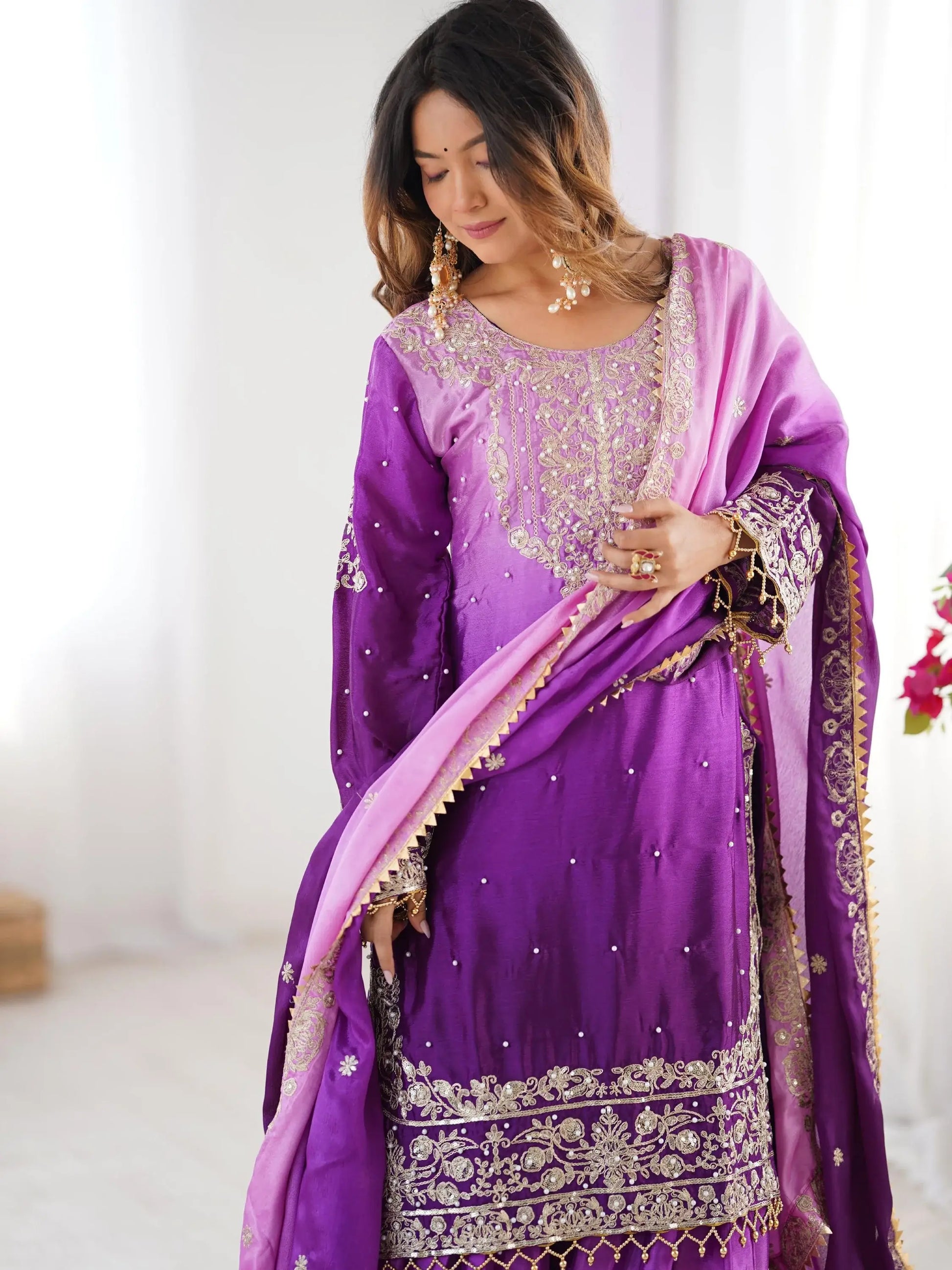 Alluring Purple Dori Embroidery Wedding Wear Chinon Sharara Suit - Zeel Clothing