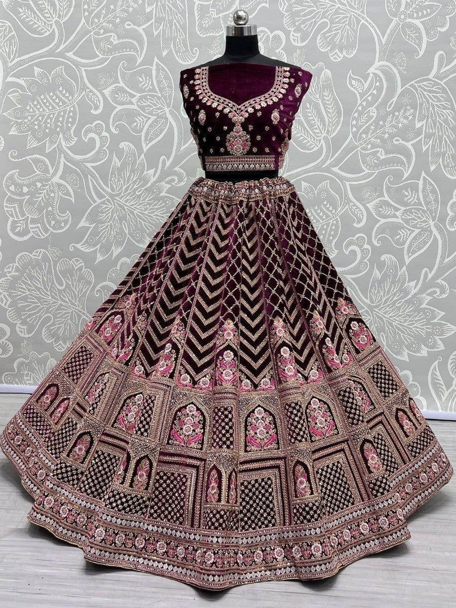 Alluring Purple Dori Work Velvet Bridal Lehenga Choli With Dupatta - Zeel Clothing
