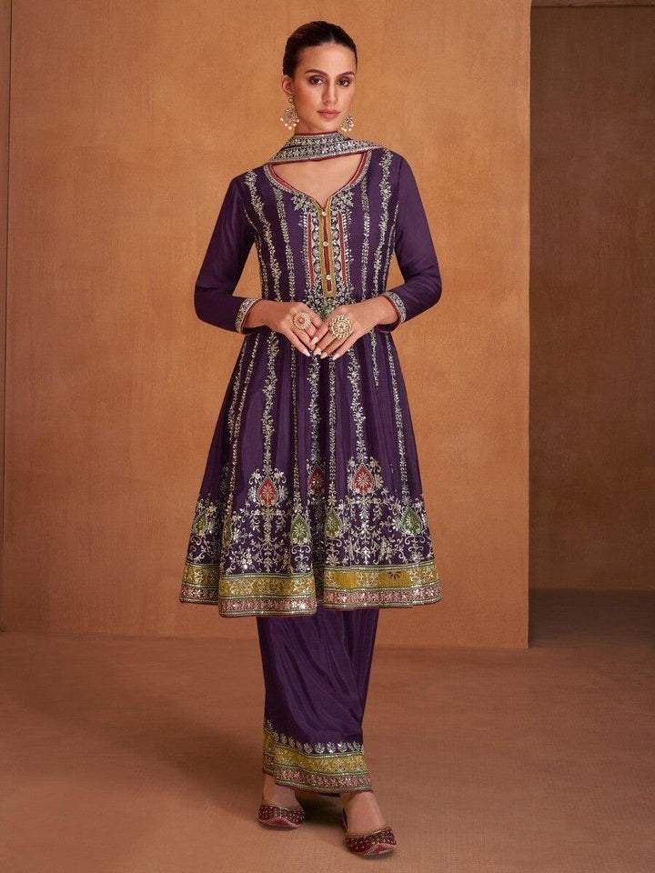 Alluring Purple Embroidered Chinon Designer Salwar Suits With Dupatta