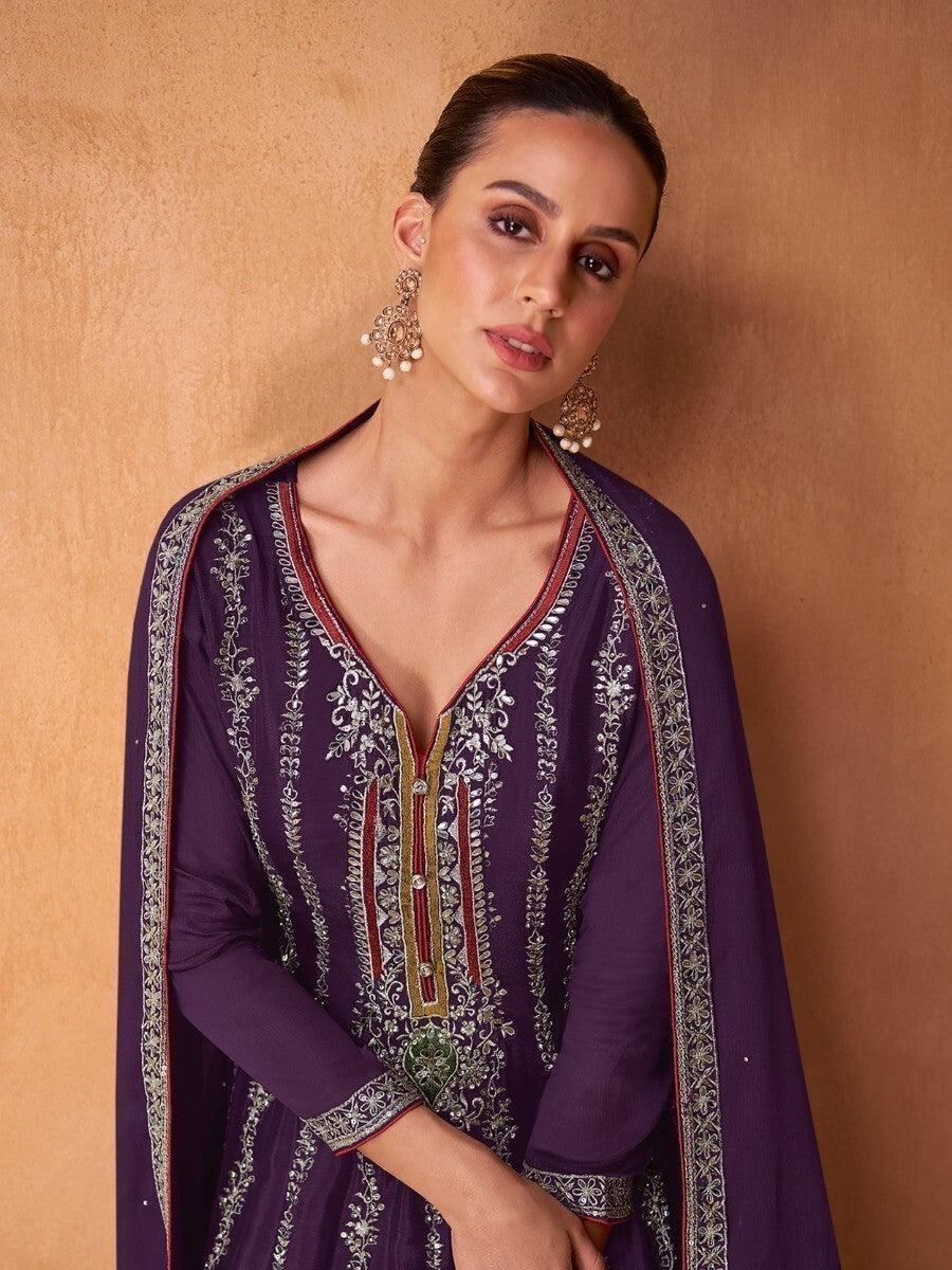 Alluring Purple Embroidered Chinon Designer Salwar Suits With Dupatta