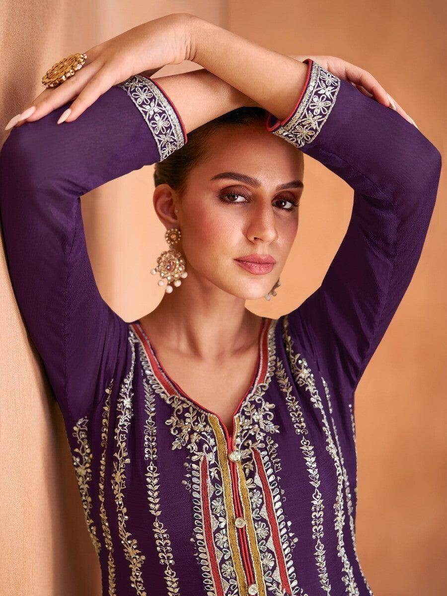 Alluring Purple Embroidered Chinon Designer Salwar Suits With Dupatta - Zeel Clothing