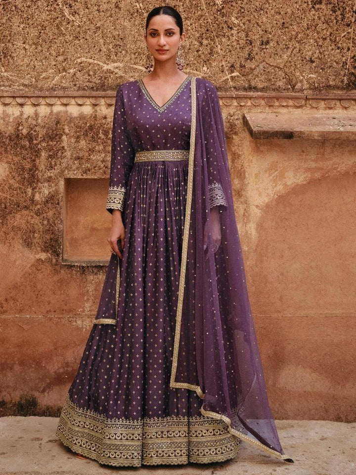 Alluring Purple Embroidered Jacquard Silk Wedding Wear Gown With Dupatta