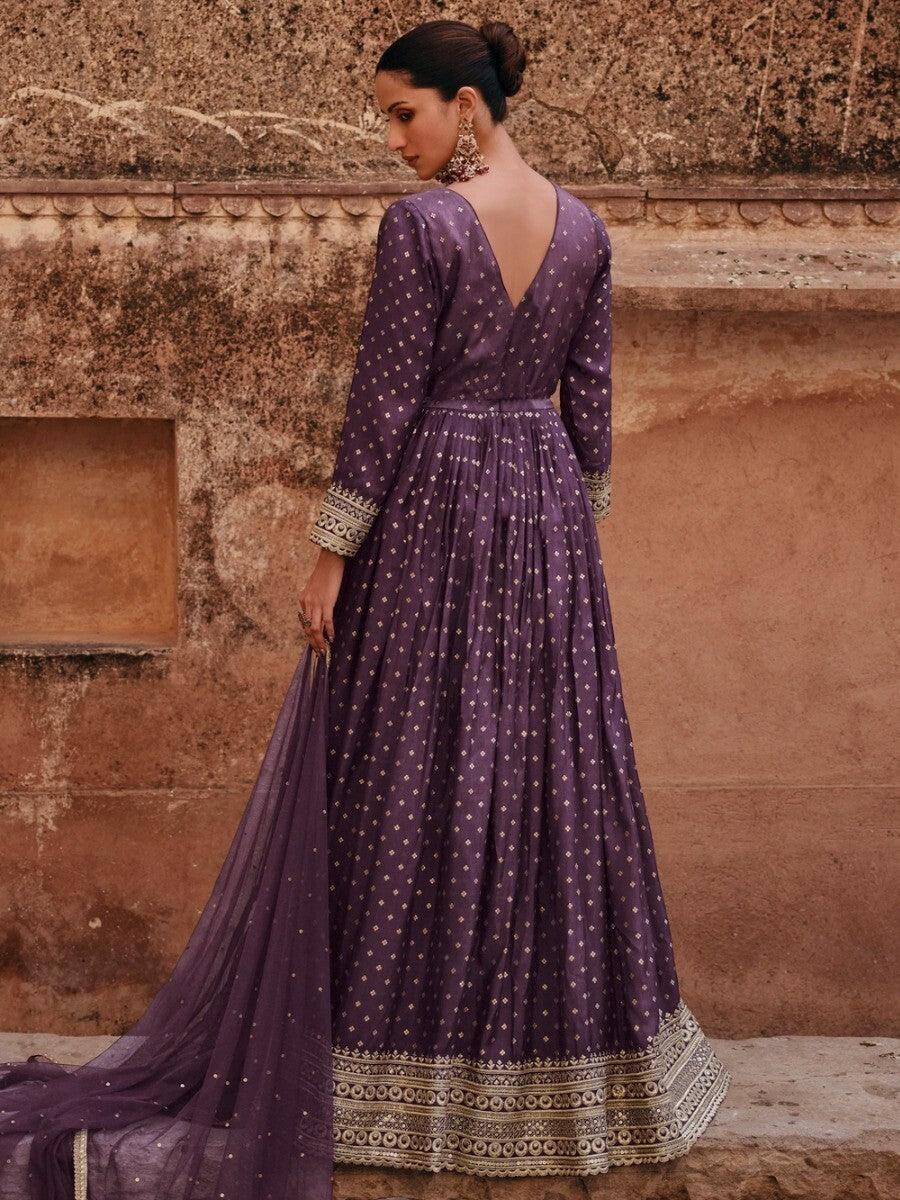 Alluring Purple Embroidered Jacquard Silk Wedding Wear Gown With Dupatta