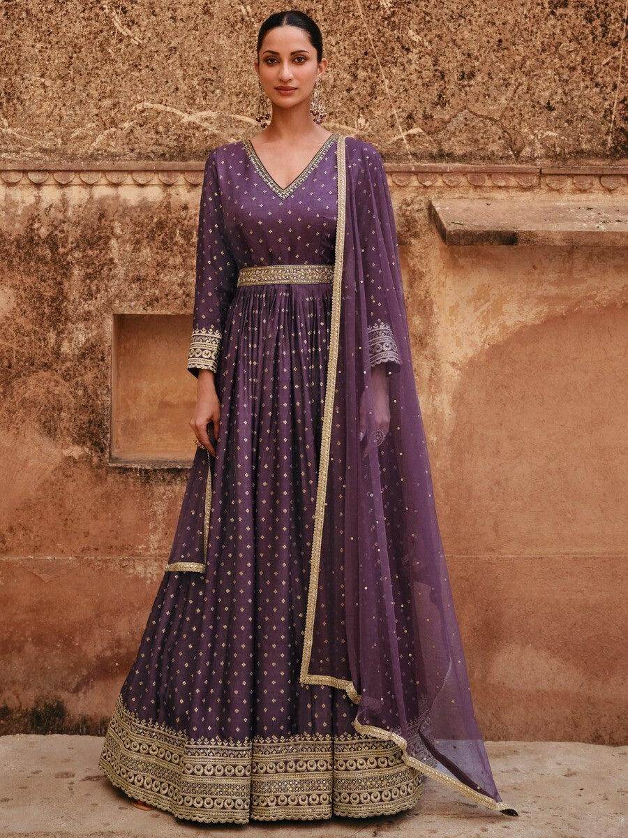 Alluring Purple Embroidered Jacquard Silk Wedding Wear Gown With Dupatta - Zeel Clothing
