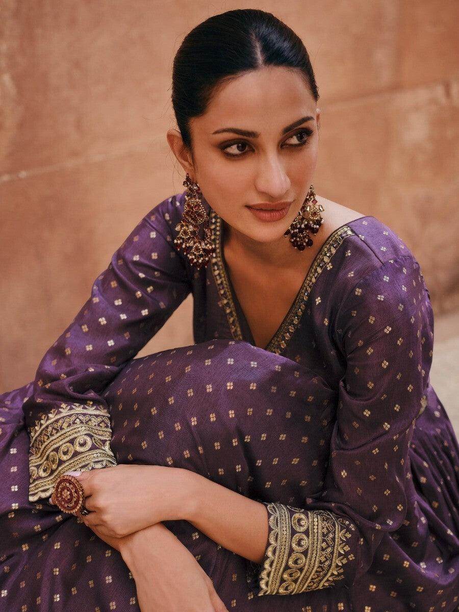 Alluring Purple Embroidered Jacquard Silk Wedding Wear Gown With Dupatta - Zeel Clothing