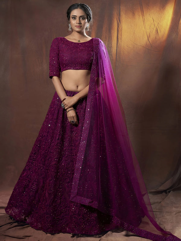 Alluring Purple Embroidered Net Reception Wear Lehenga Choli With Dupatta