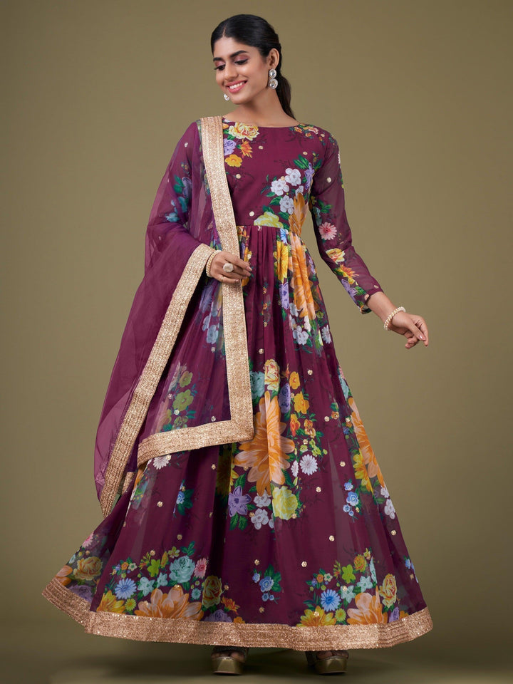Alluring Purple Floral Printed Georgette Events Wear Gown With Dupatta