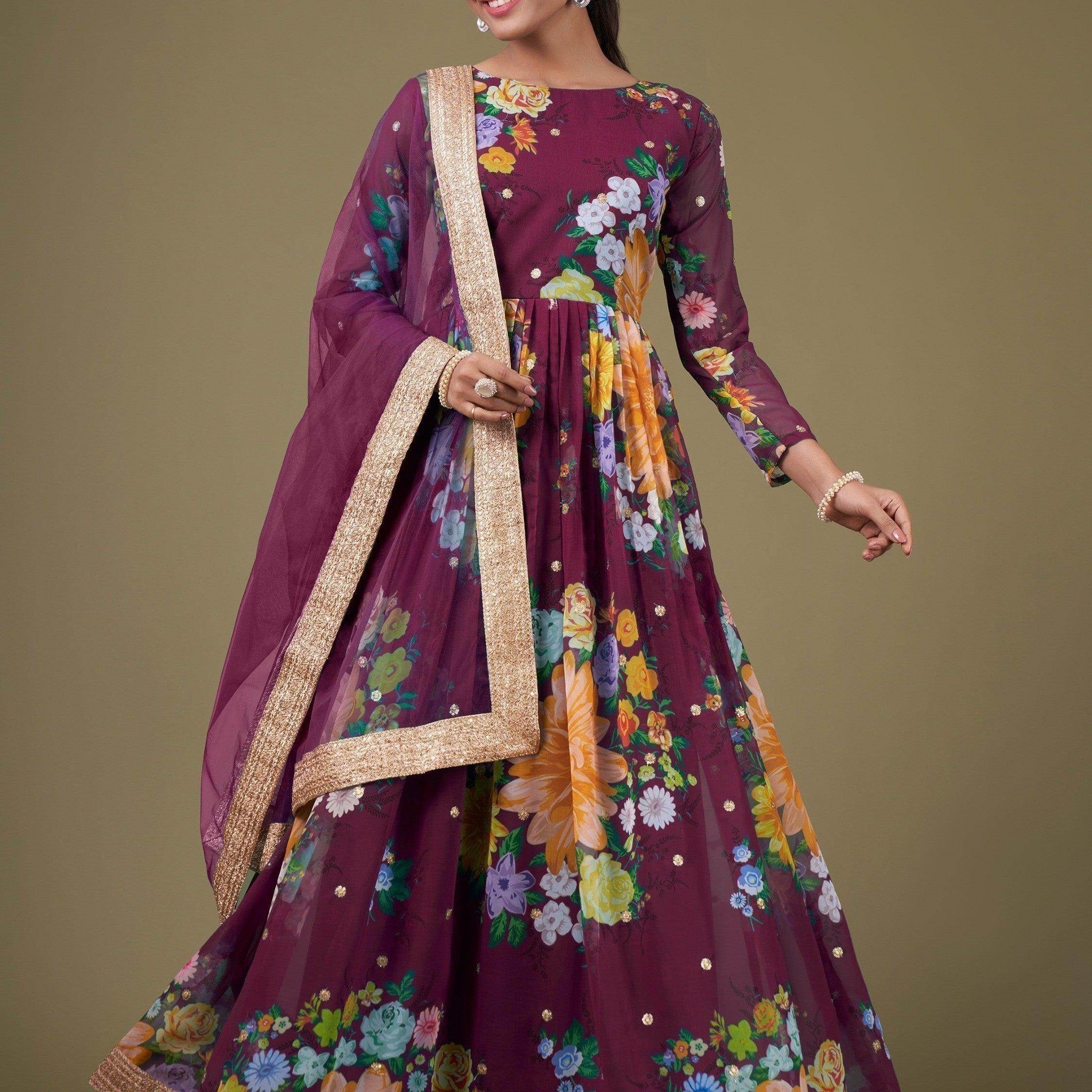 Alluring Purple Floral Printed Georgette Events Wear Gown With Dupatta - Zeel Clothing