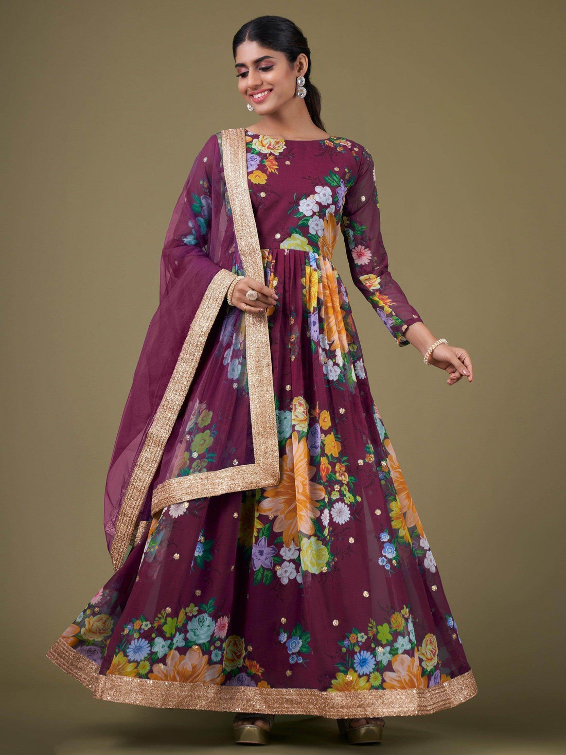 Alluring Purple Floral Printed Georgette Events Wear Gown With Dupatta - Zeel Clothing