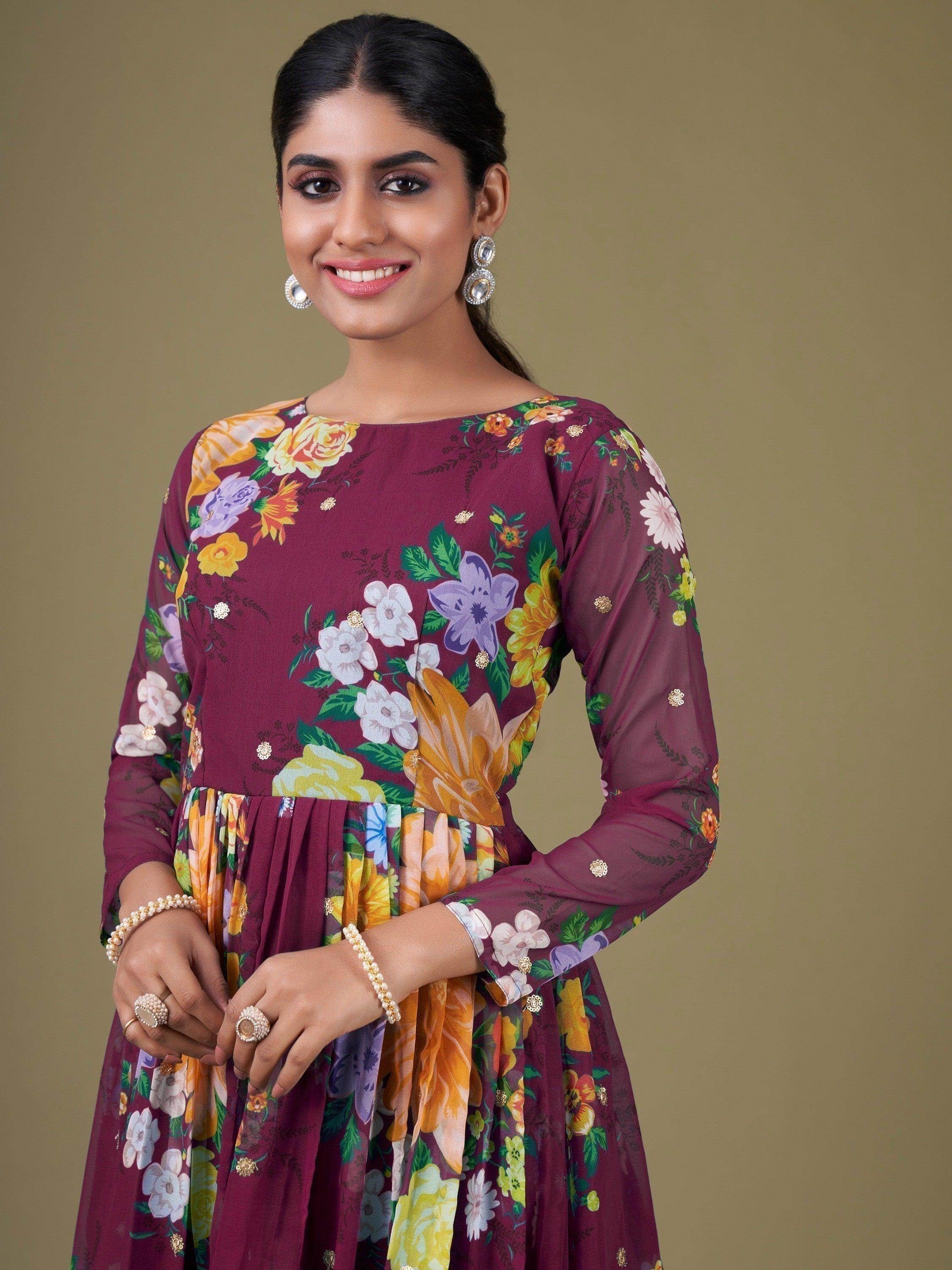 Alluring Purple Floral Printed Georgette Events Wear Gown With Dupatta - Zeel Clothing