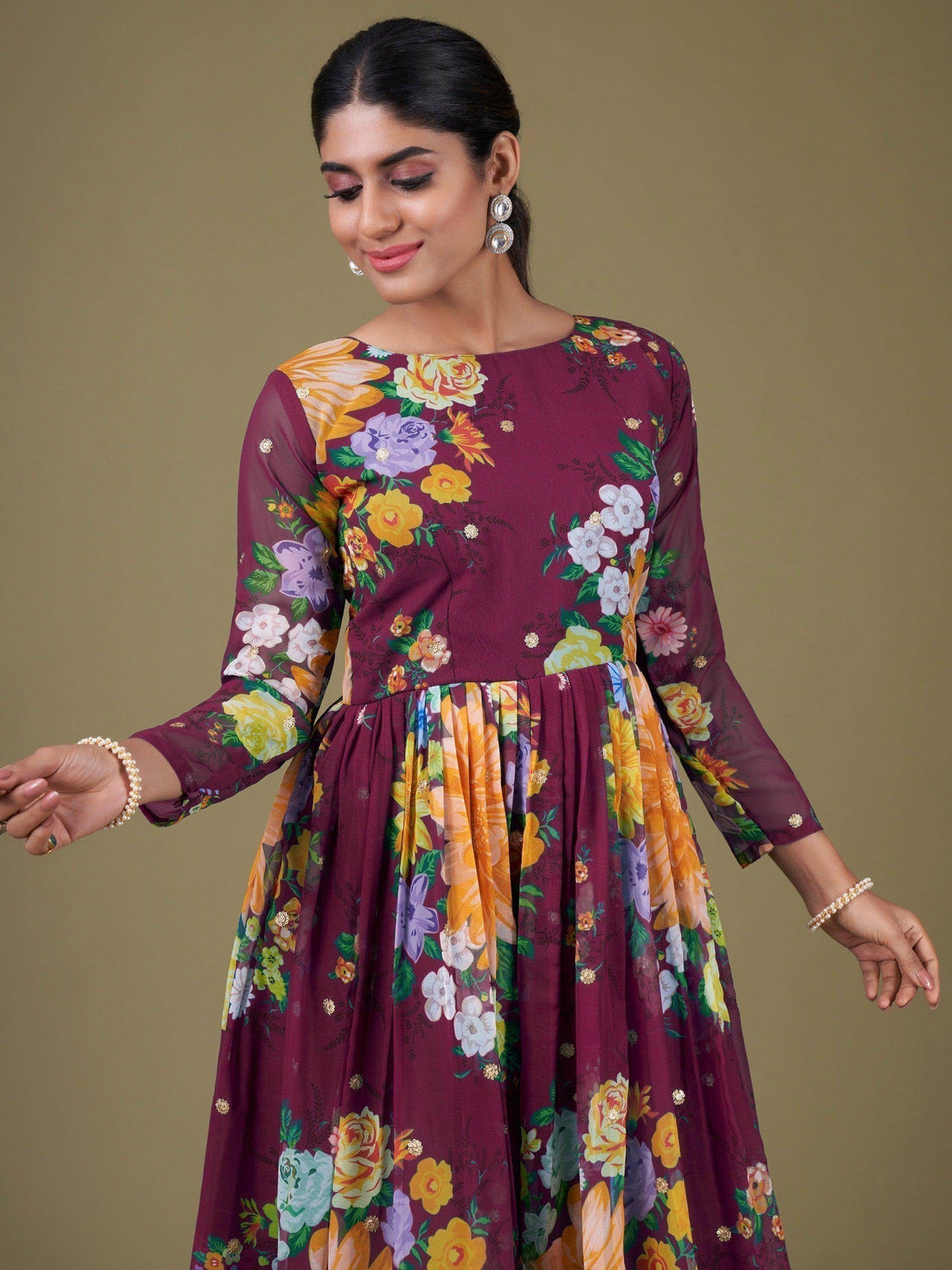 Alluring Purple Floral Printed Georgette Events Wear Gown With Dupatta - Zeel Clothing